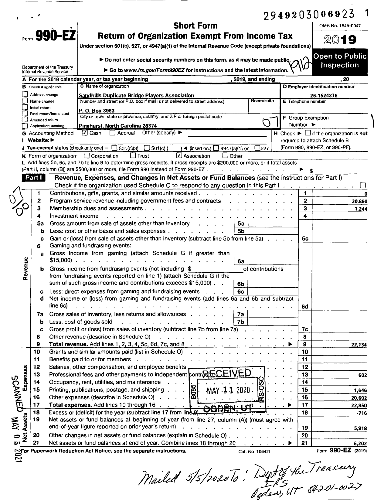 Image of first page of 2019 Form 990EO for Sandhills Duplicate Bridge Players Association