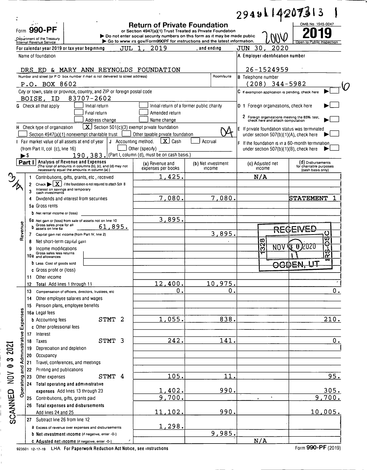 Image of first page of 2019 Form 990PF for DRS Ed and Mary Ann Reynolds Foundation