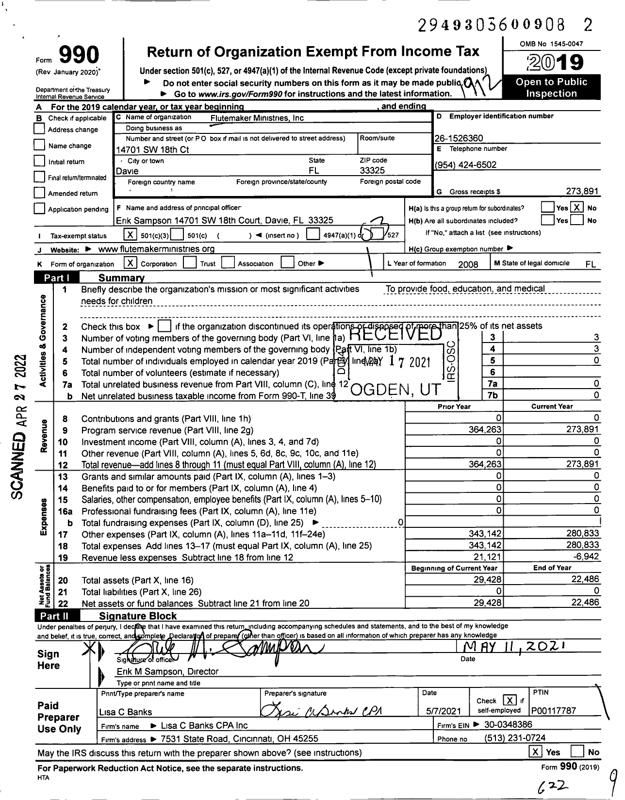 Image of first page of 2019 Form 990 for Flutemaker Ministries