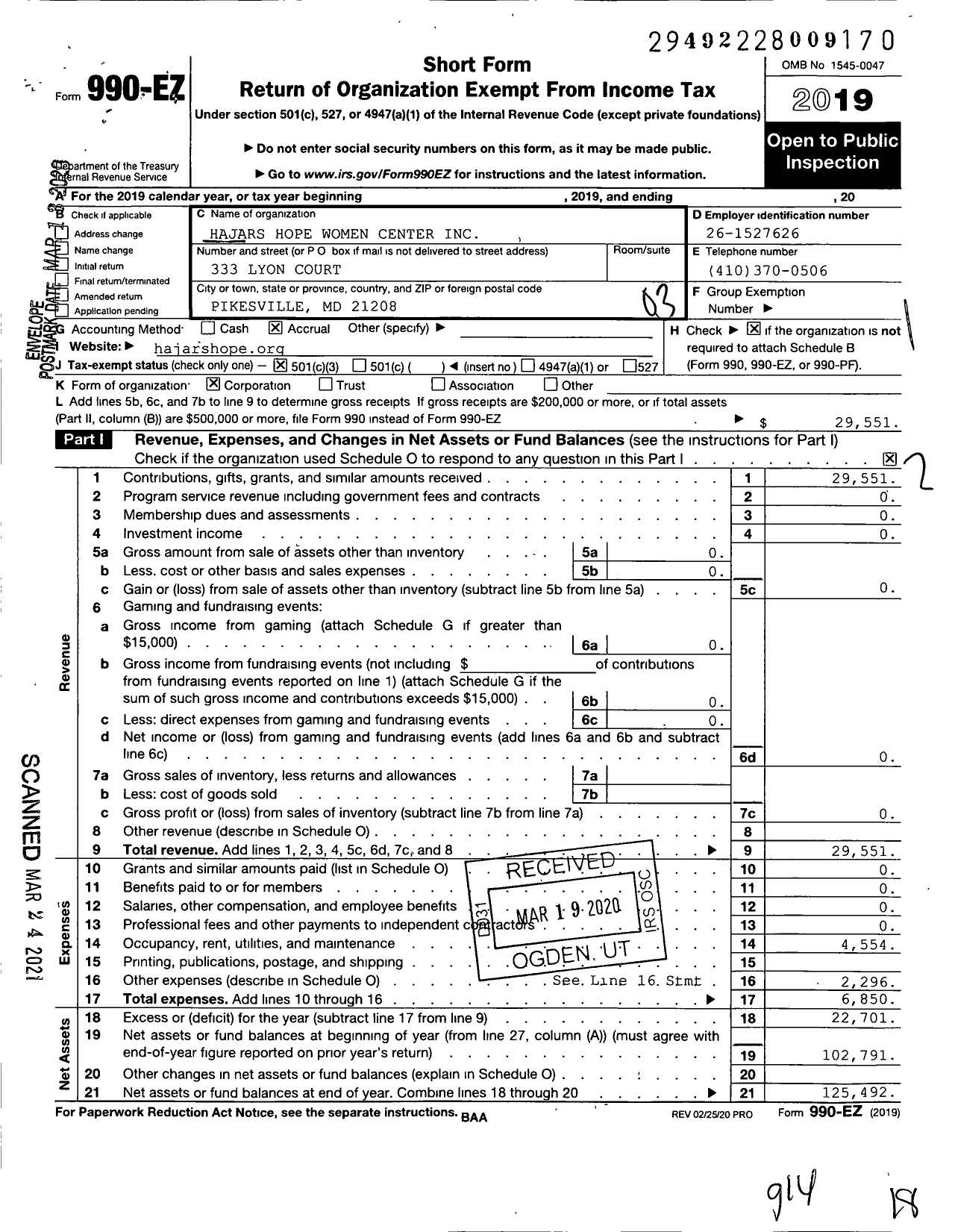 Image of first page of 2019 Form 990EZ for Hajars Hope Women Center