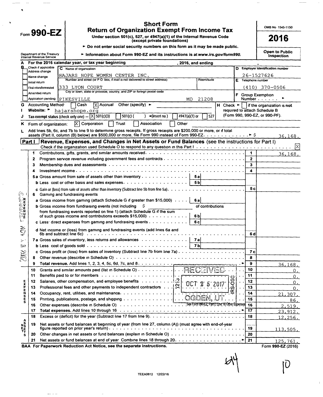 Image of first page of 2016 Form 990EZ for Hajars Hope Women Center