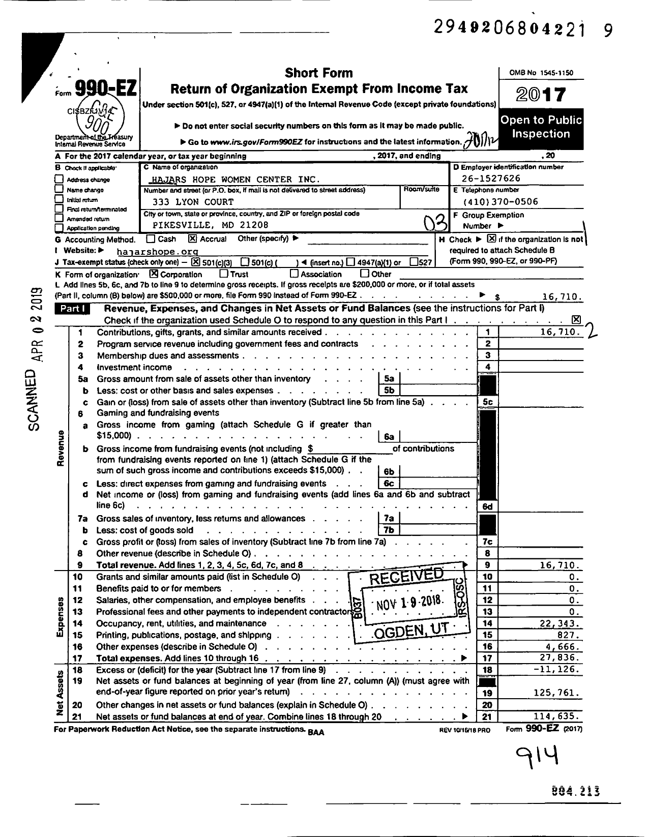 Image of first page of 2017 Form 990EZ for Hajars Hope Women Center