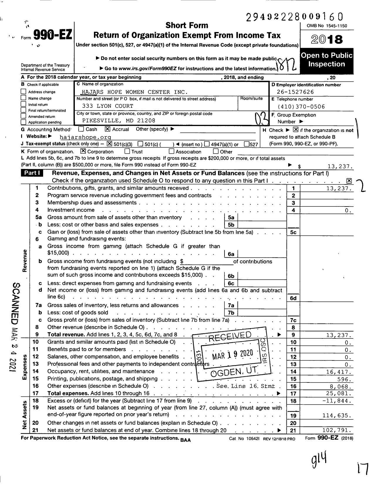 Image of first page of 2018 Form 990EZ for Hajars Hope Women Center