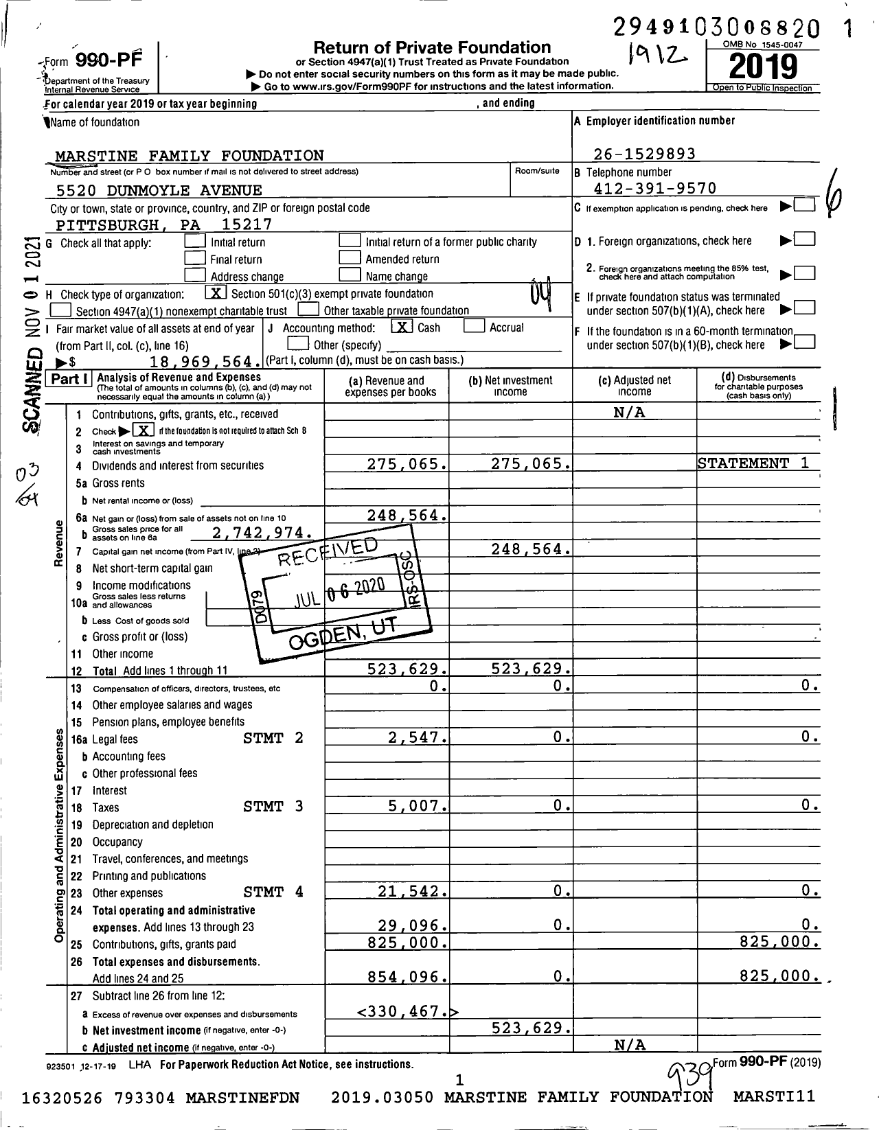 Image of first page of 2019 Form 990PF for Marstine Family Foundation