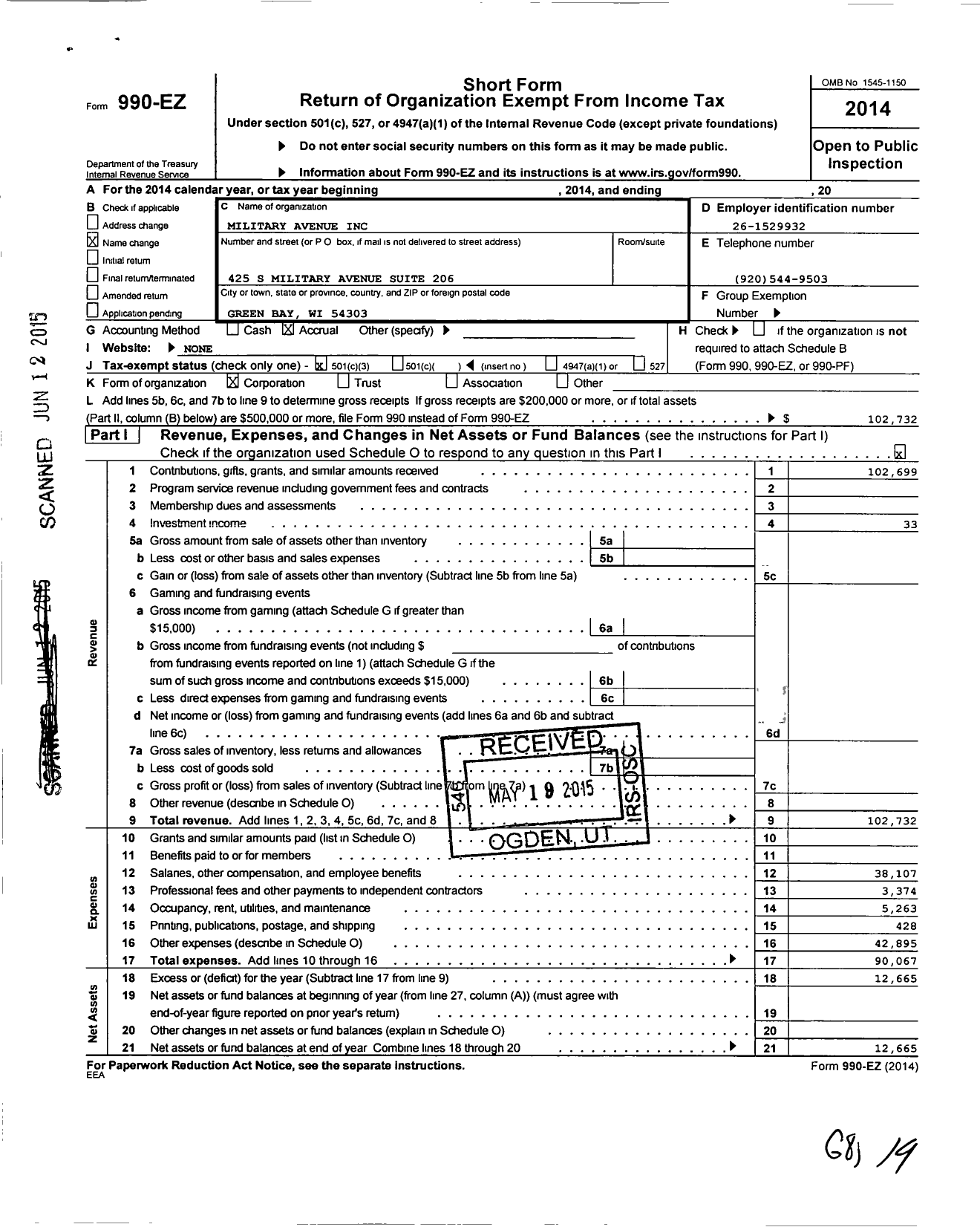 Image of first page of 2014 Form 990EZ for Military Avenue