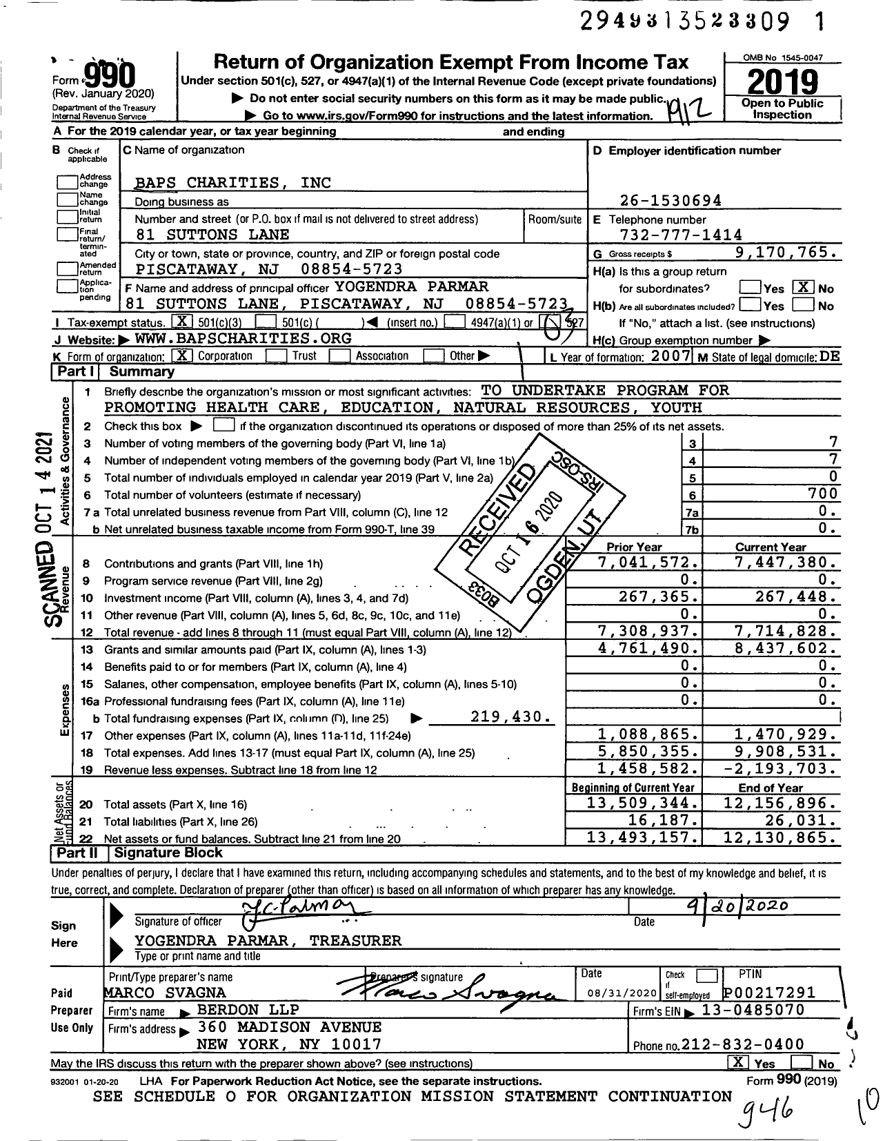 Image of first page of 2019 Form 990 for Baps Charities