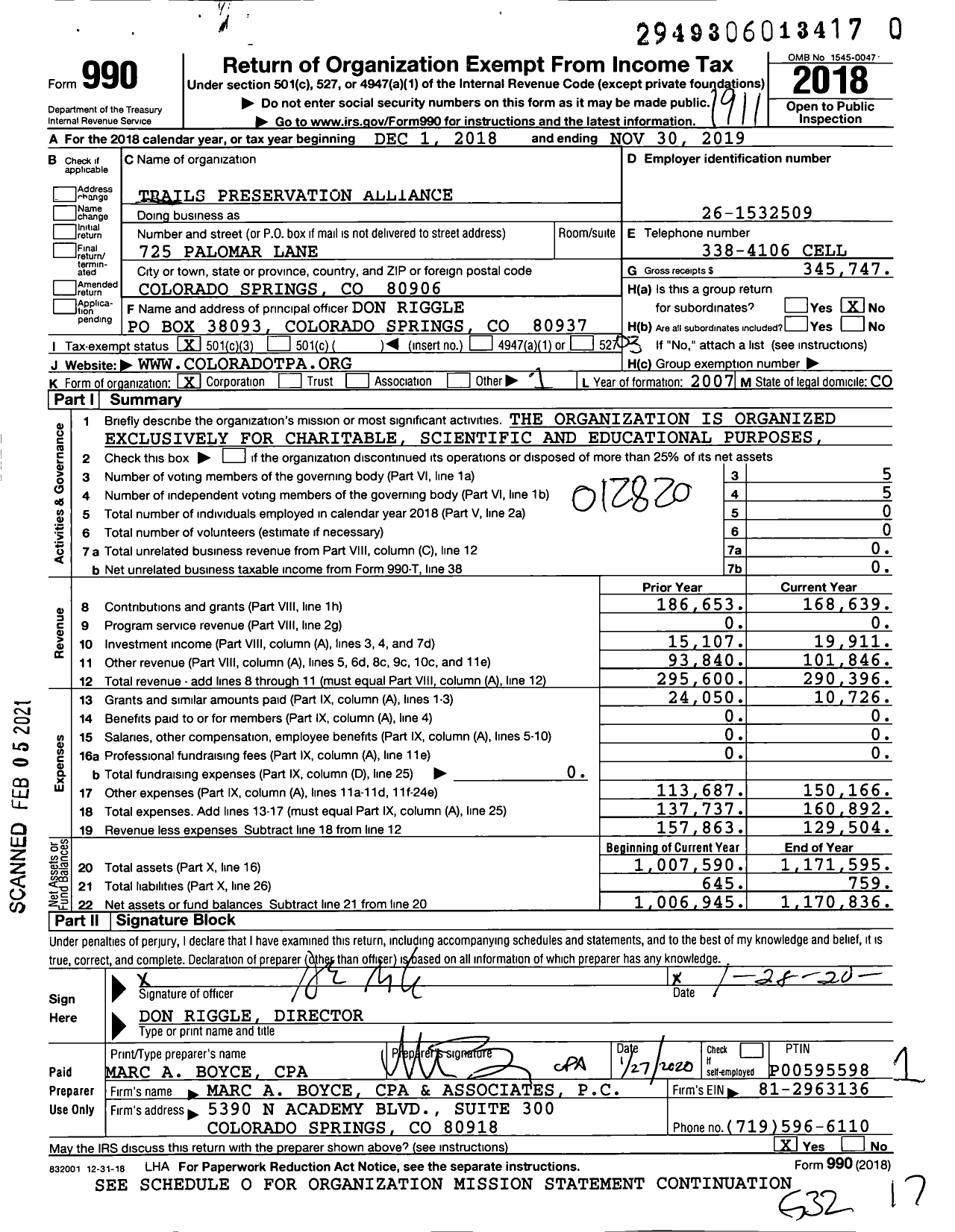 Image of first page of 2018 Form 990 for Trails Preservation Alliance