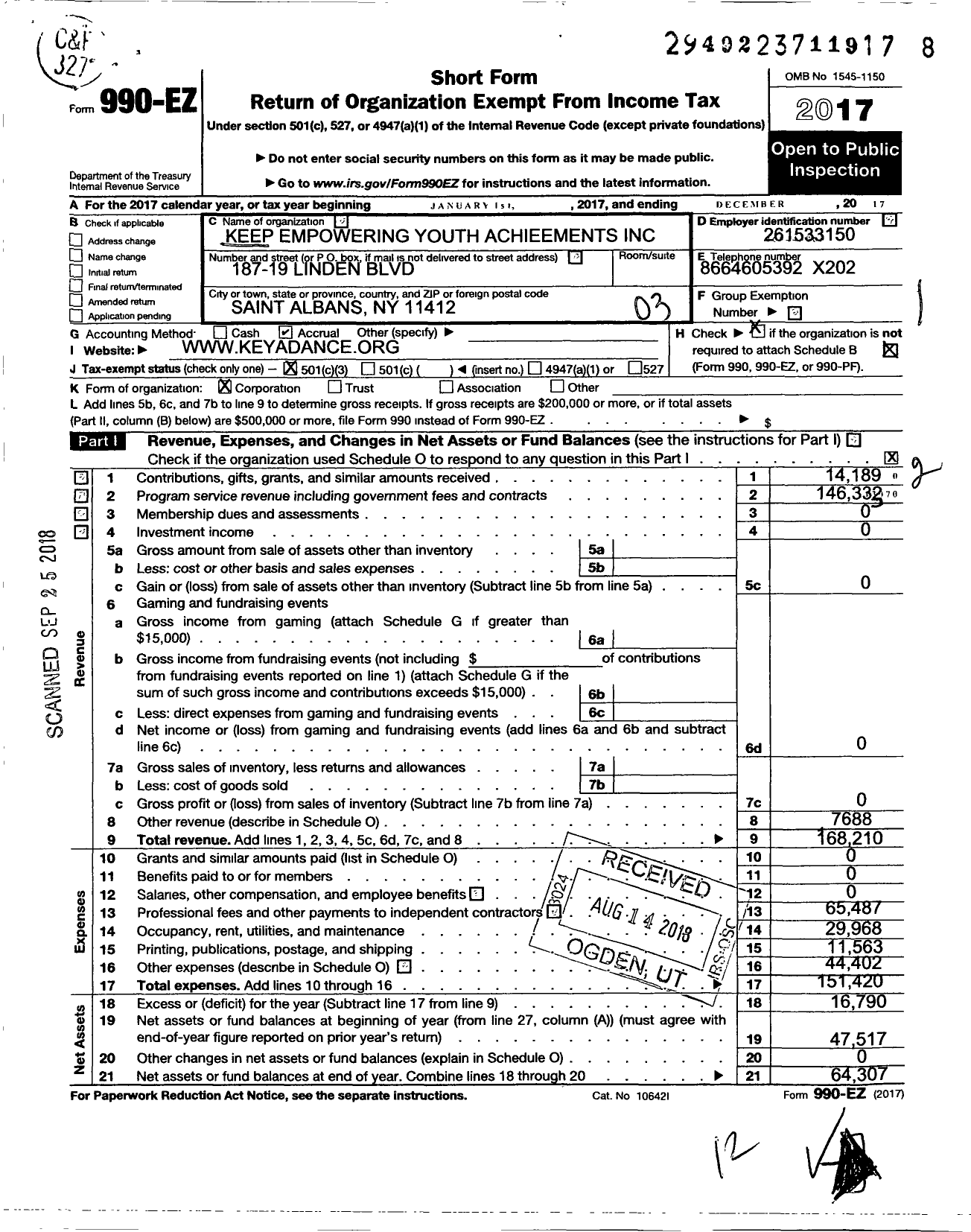 Image of first page of 2017 Form 990EZ for Keep Empowering Youth Achievements (KEYA)