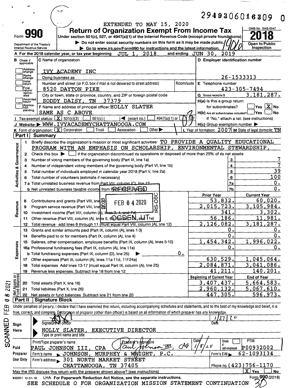 Image of first page of 2018 Form 990 for Ivy Academy