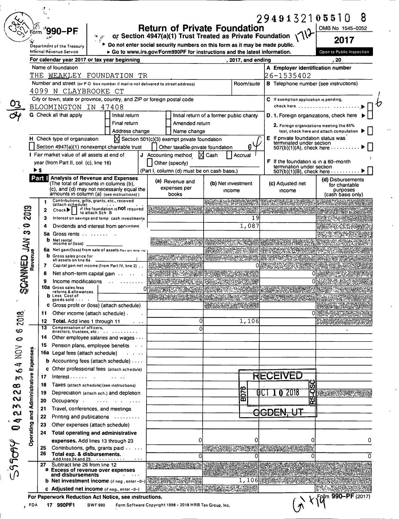 Image of first page of 2017 Form 990PF for The Weakley Family Foundation