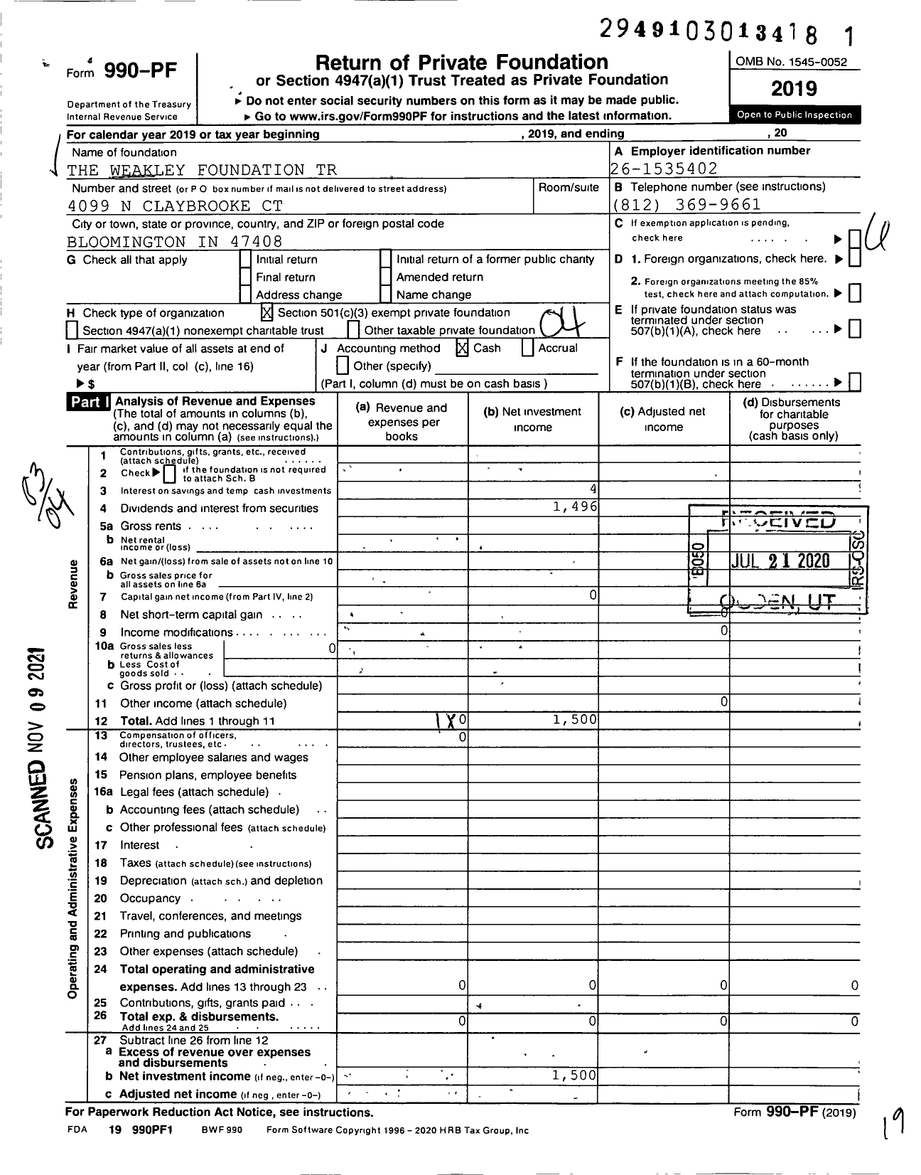 Image of first page of 2019 Form 990PF for The Weakley Family Foundation