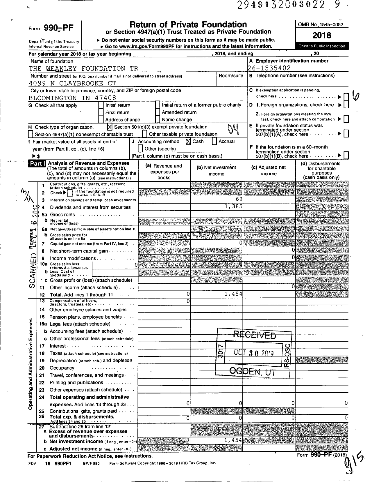 Image of first page of 2018 Form 990PF for The Weakley Family Foundation