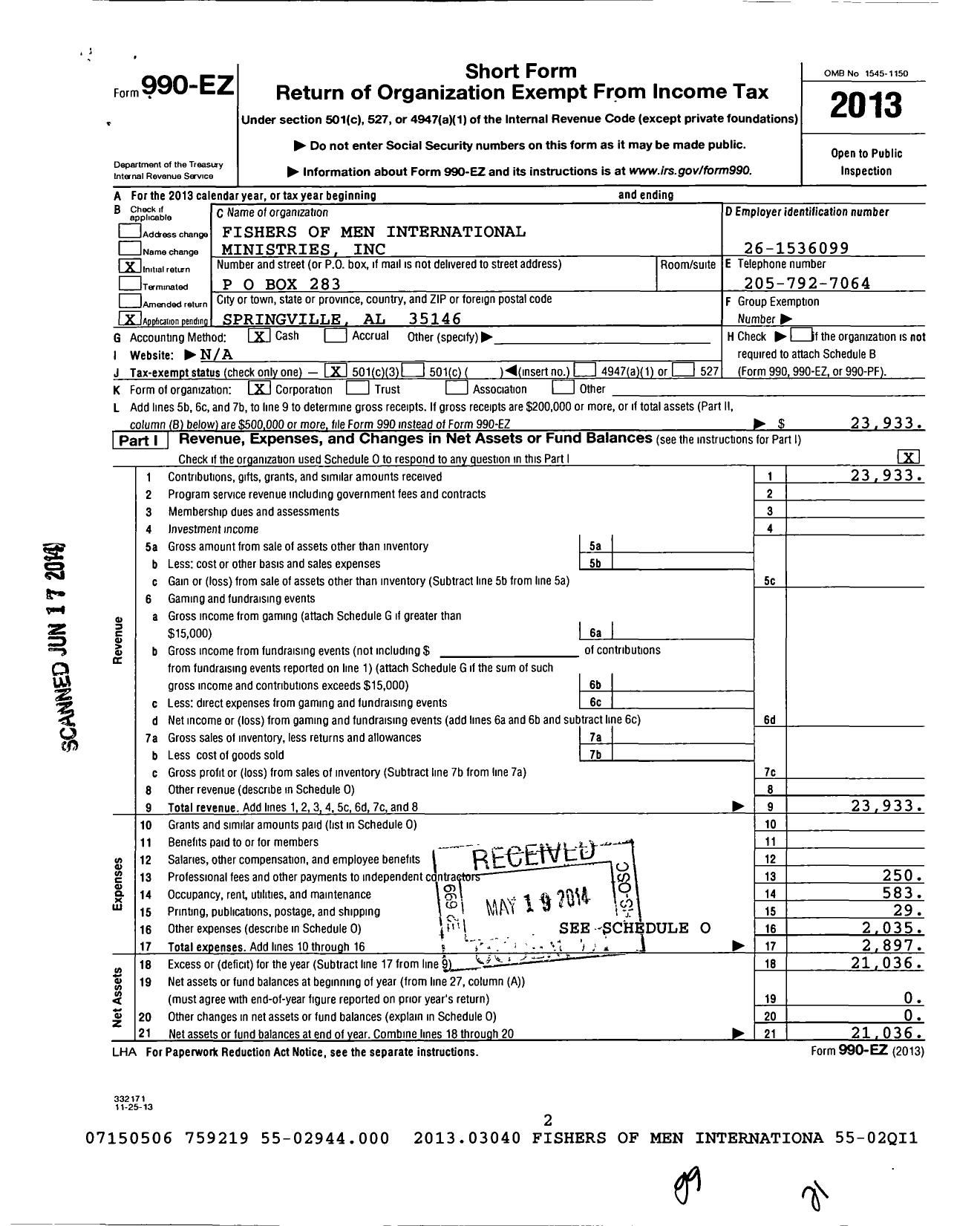 Image of first page of 2013 Form 990EZ for Fishers of Men International Ministries