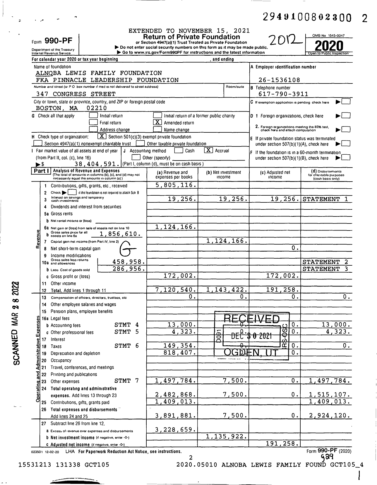 Image of first page of 2020 Form 990PF for Alnoba Lewis Family Foundation