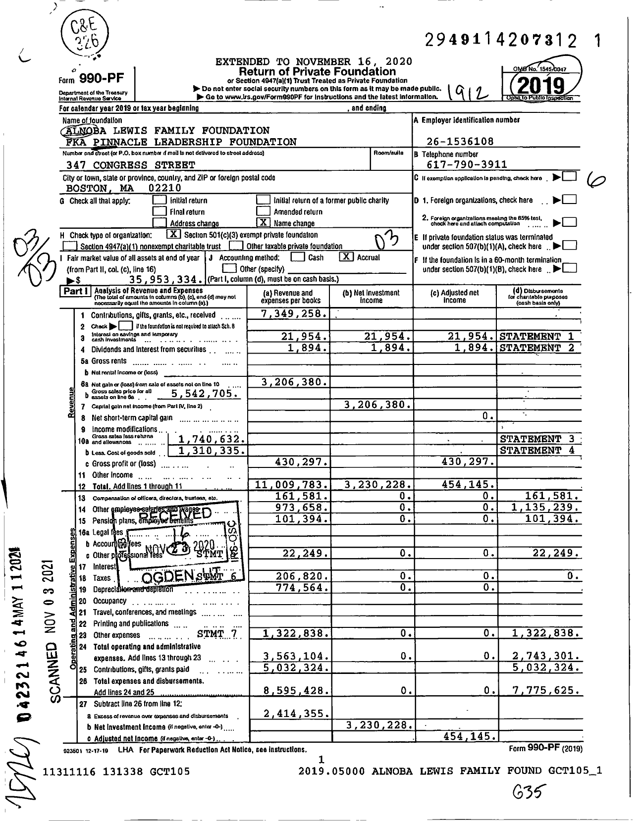 Image of first page of 2019 Form 990PF for Alnoba Lewis Family Foundation