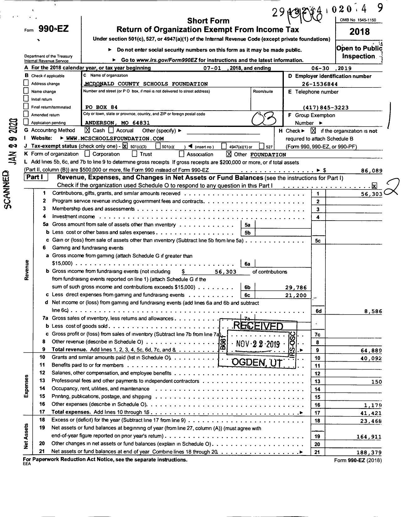 Image of first page of 2018 Form 990EZ for Mcdonald County Schools Foundation