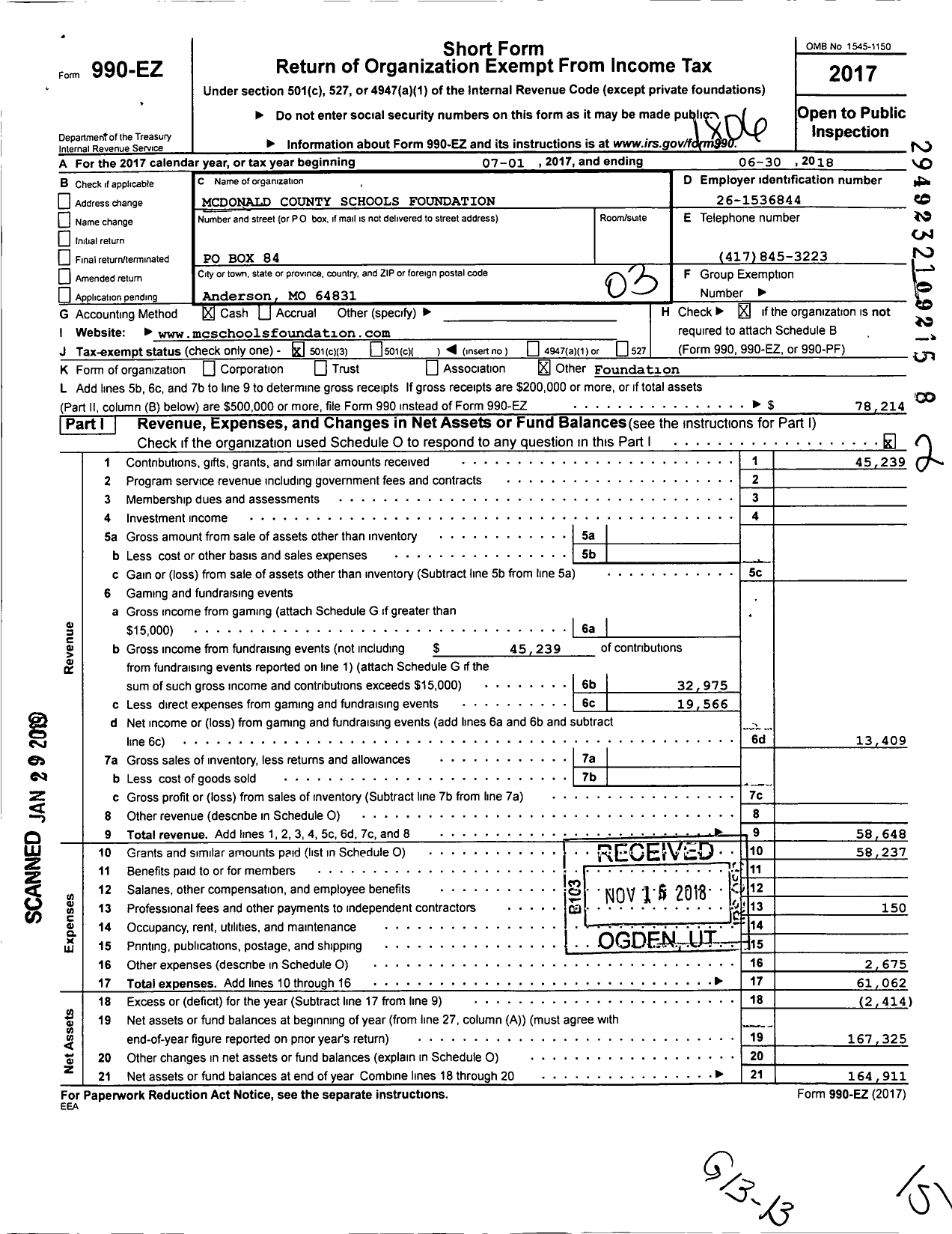 Image of first page of 2017 Form 990EZ for Mcdonald County Schools Foundation