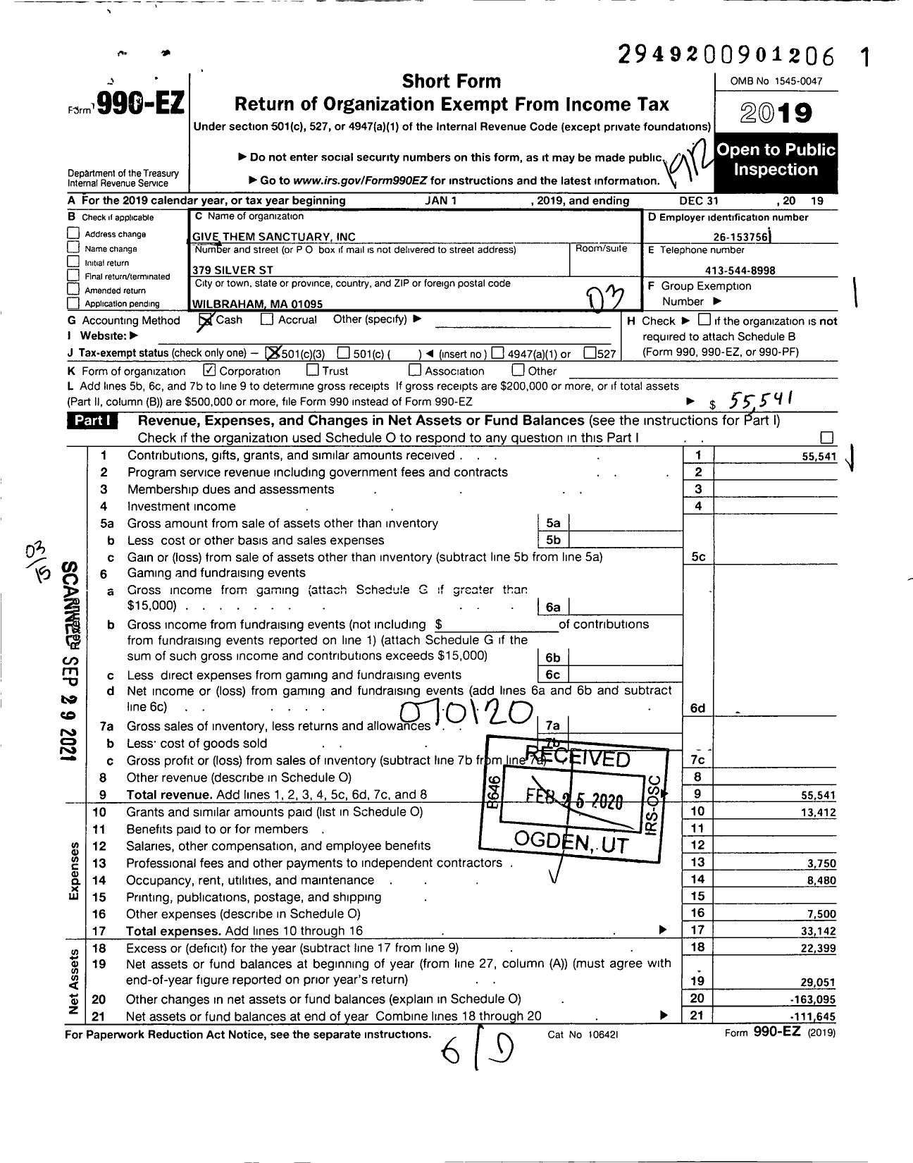 Image of first page of 2019 Form 990EZ for Give Them Sanctuary