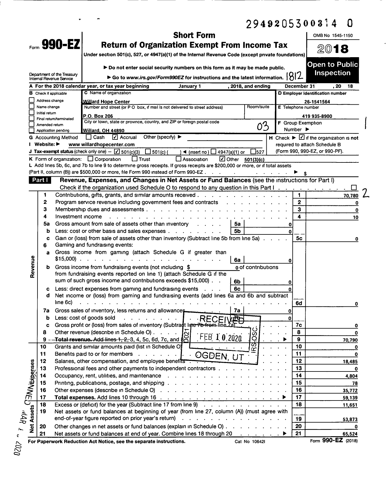 Image of first page of 2018 Form 990EZ for Willard Hope Center
