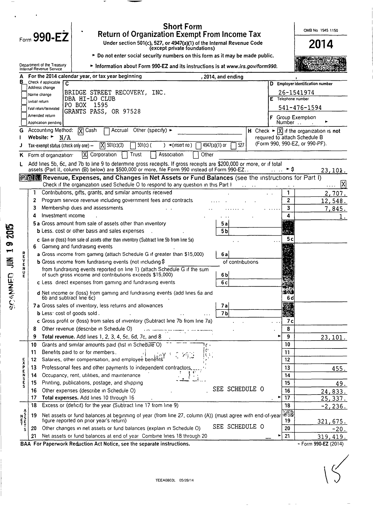 Image of first page of 2014 Form 990EZ for Bridge Street Recovery