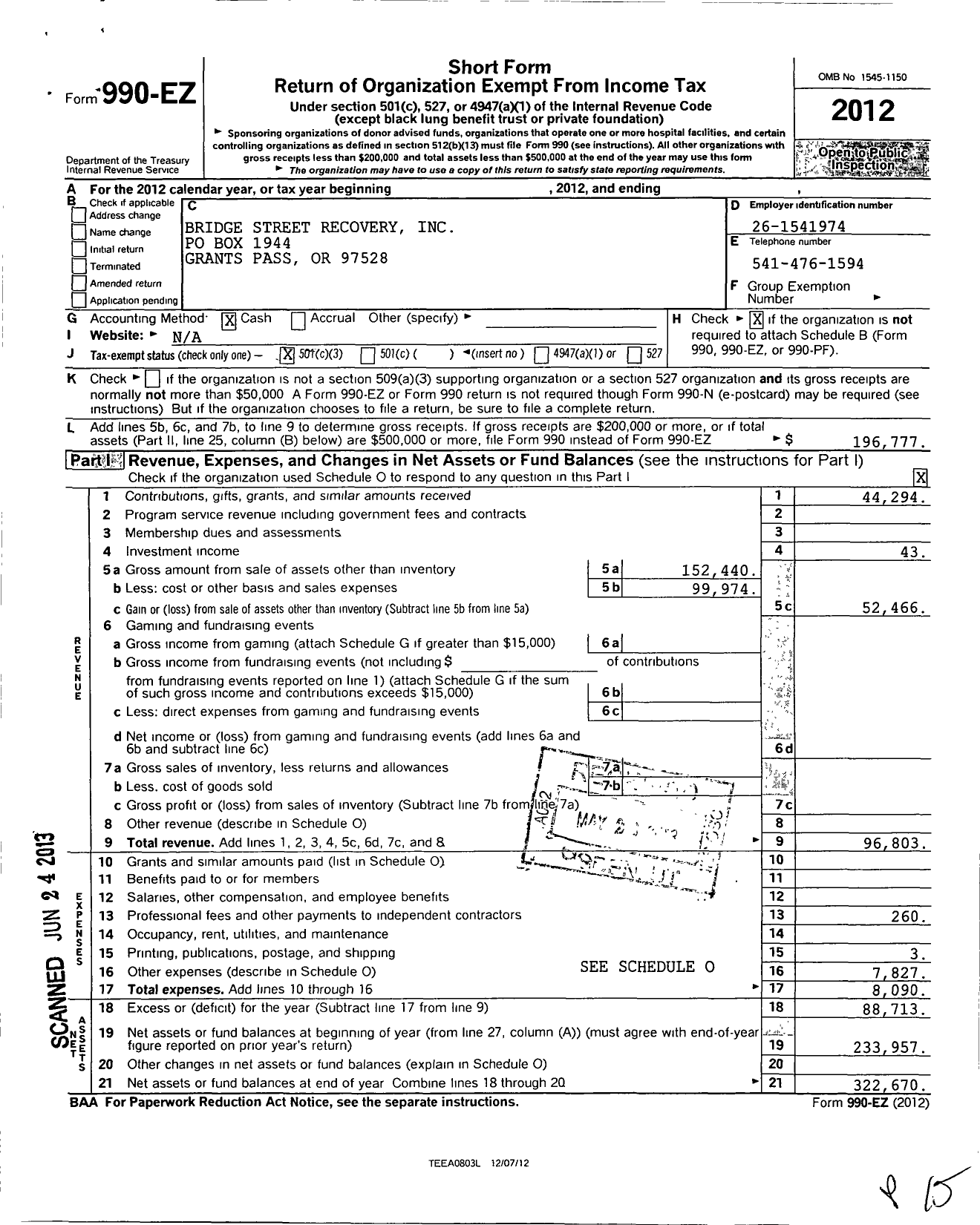 Image of first page of 2012 Form 990EZ for Bridge Street Recovery