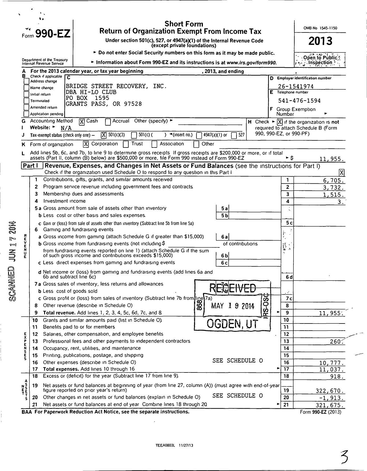 Image of first page of 2013 Form 990EZ for Bridge Street Recovery