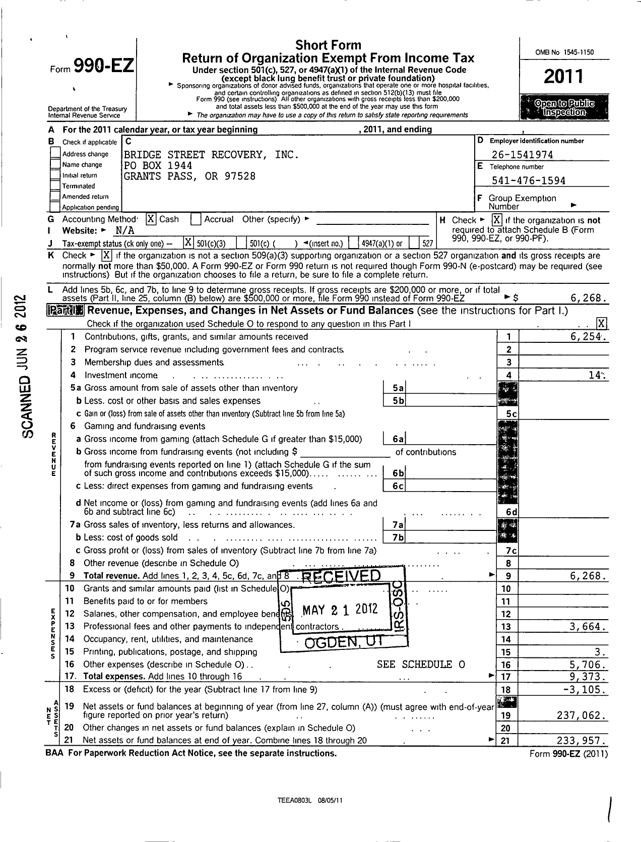 Image of first page of 2011 Form 990EZ for Bridge Street Recovery