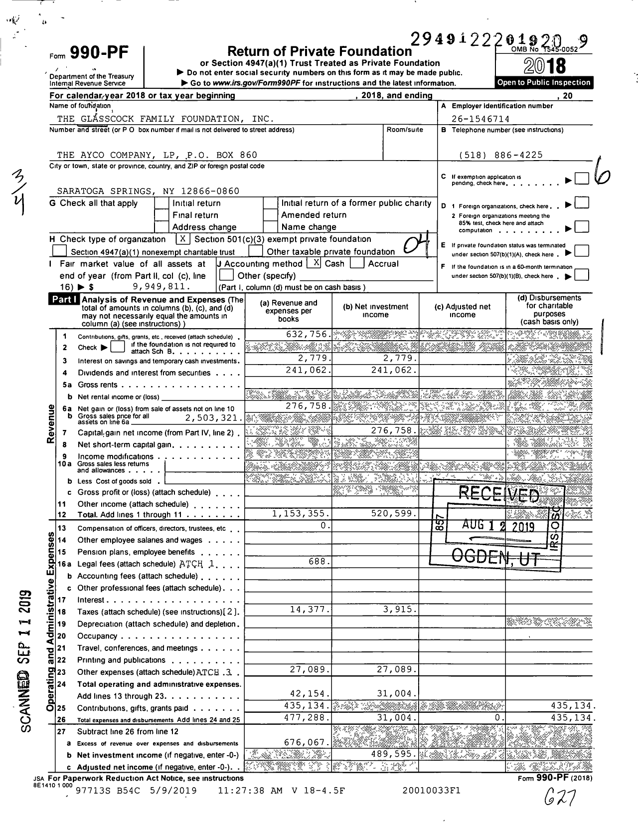 Image of first page of 2018 Form 990PF for The Glasscock Family Foundation