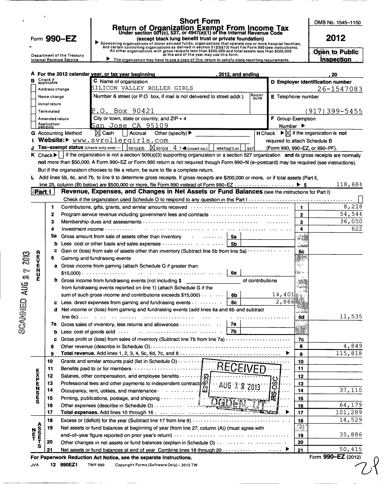 Image of first page of 2012 Form 990EO for Silicon Valley Roller Girls