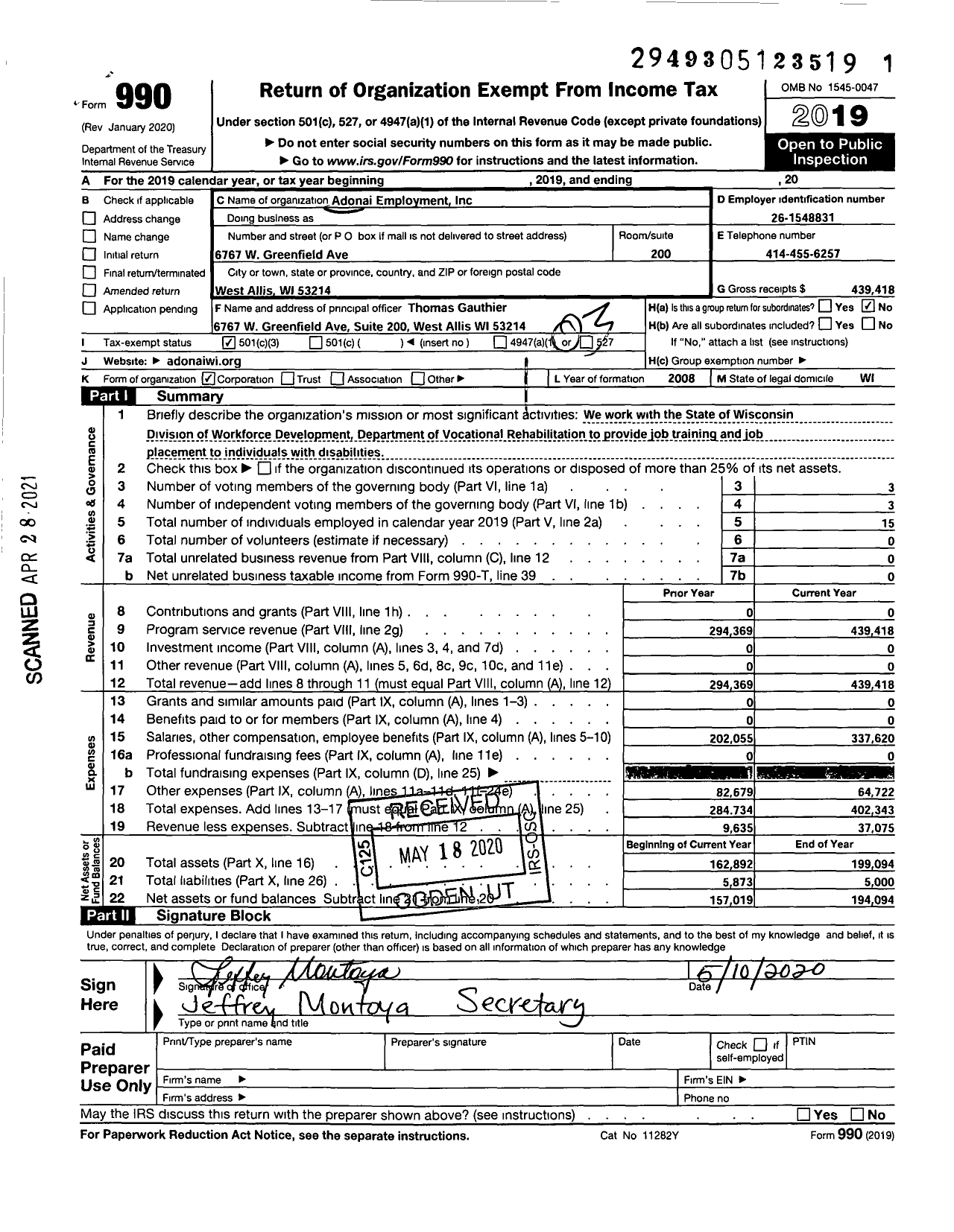 Image of first page of 2019 Form 990 for Adonai Employment
