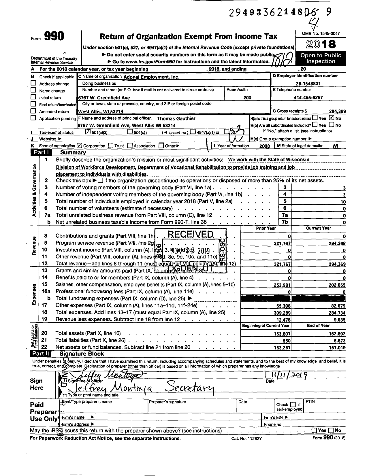Image of first page of 2018 Form 990 for Adonai Employment