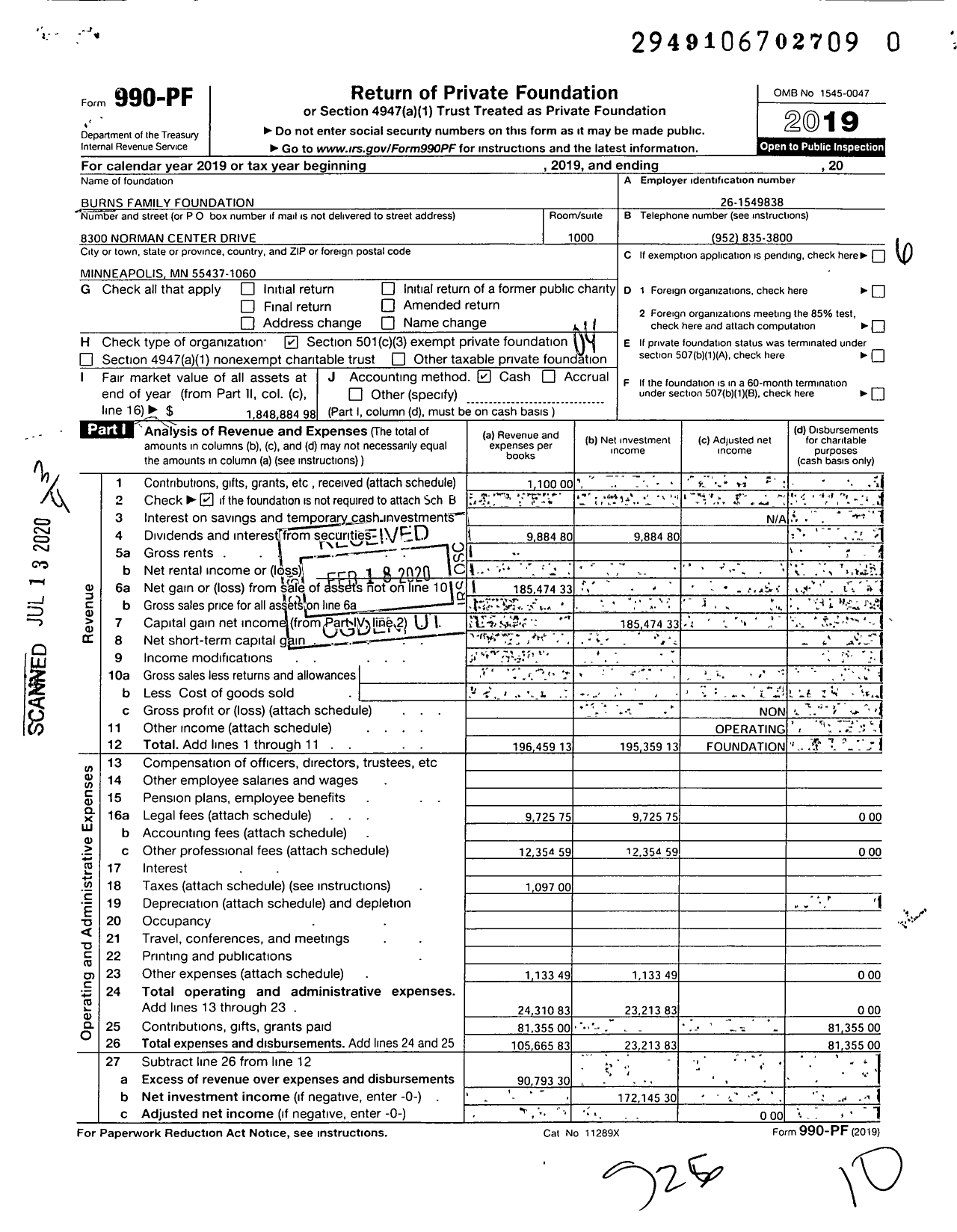 Image of first page of 2019 Form 990PR for Burns Family Foundation