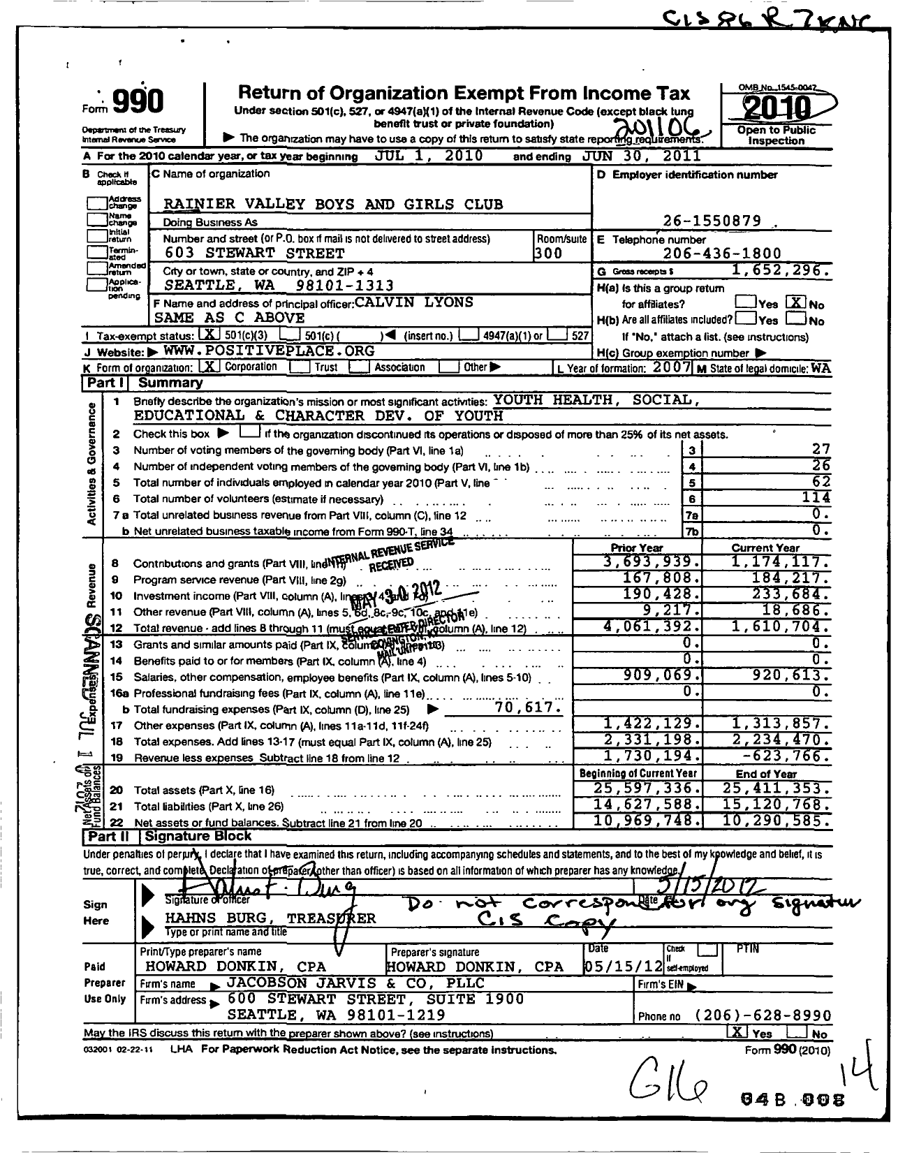 Image of first page of 2010 Form 990 for Rainier Valley Boys and Girls Club