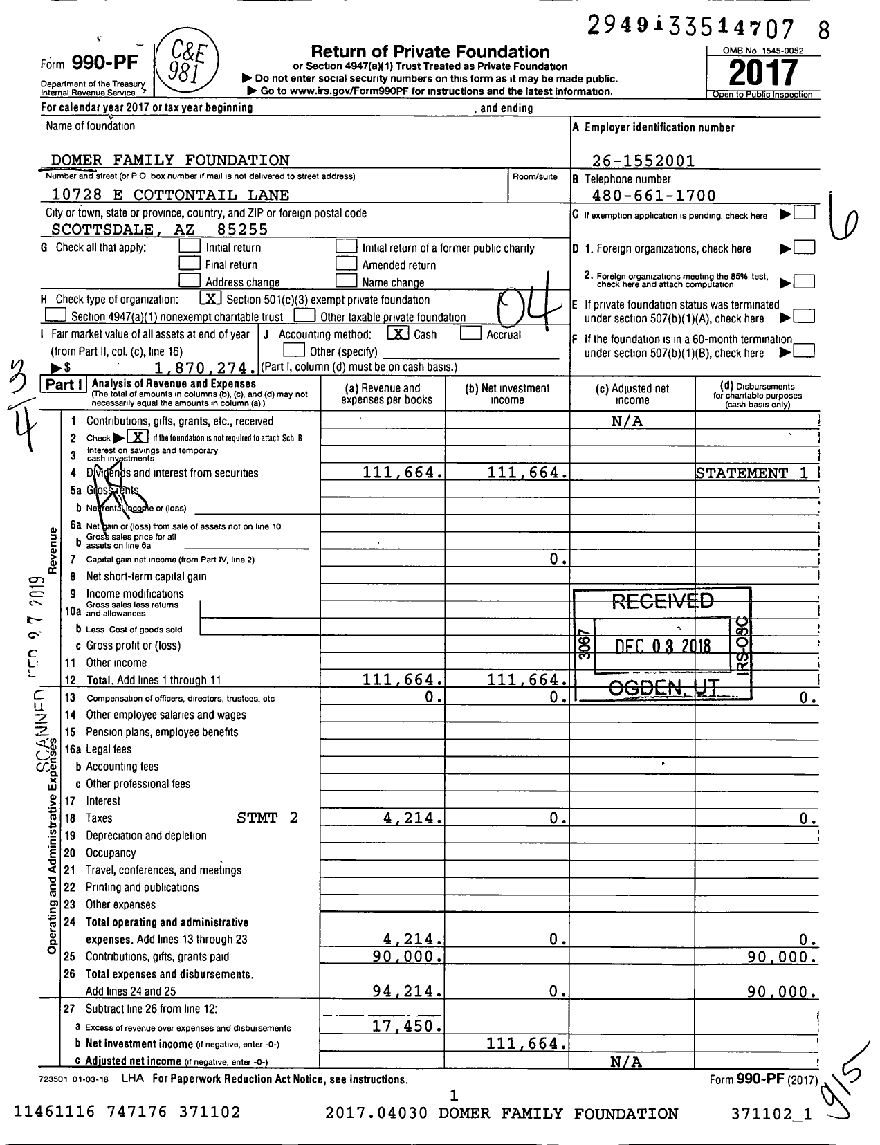 Image of first page of 2017 Form 990PF for Domer Family Foundation