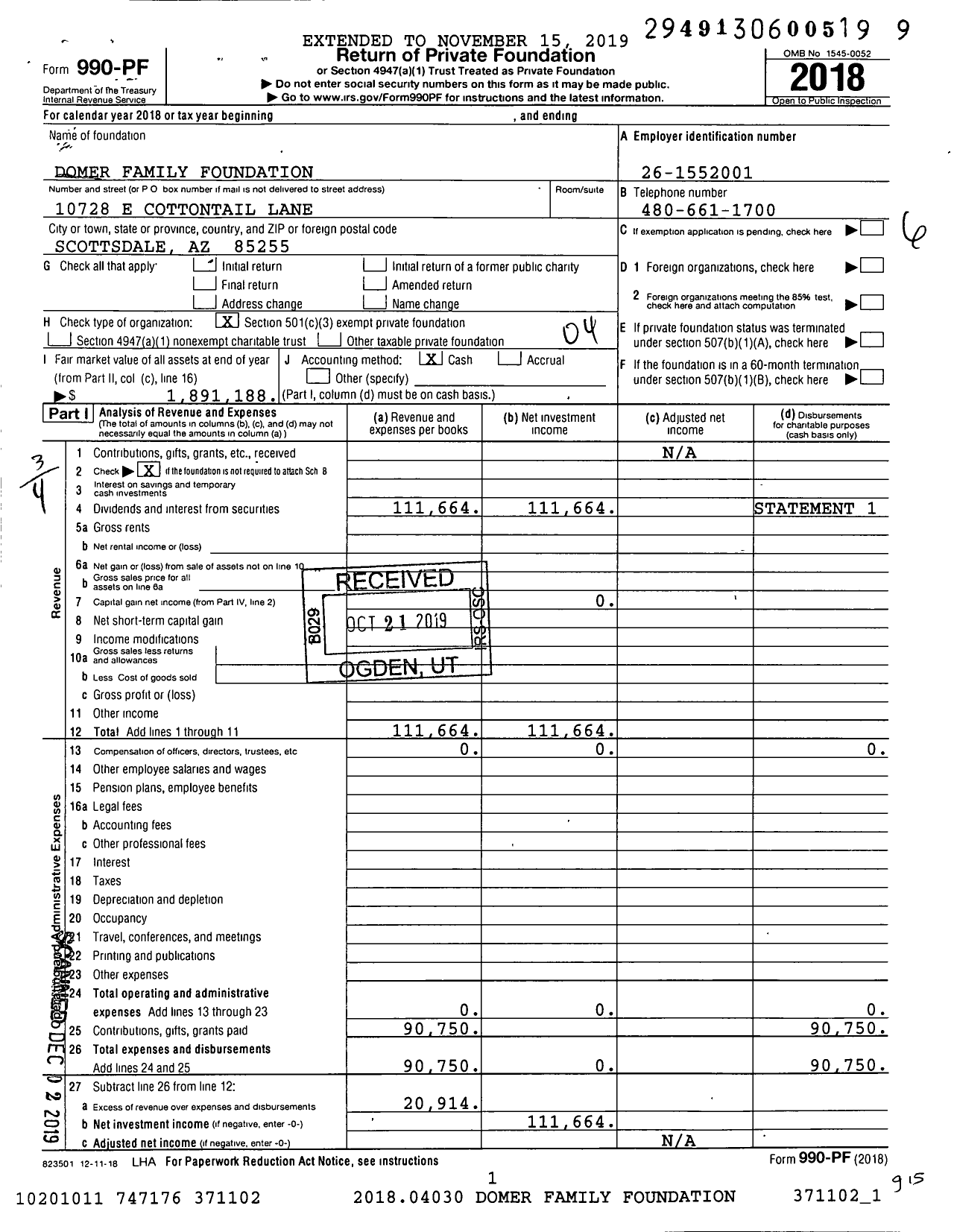 Image of first page of 2018 Form 990PF for Domer Family Foundation