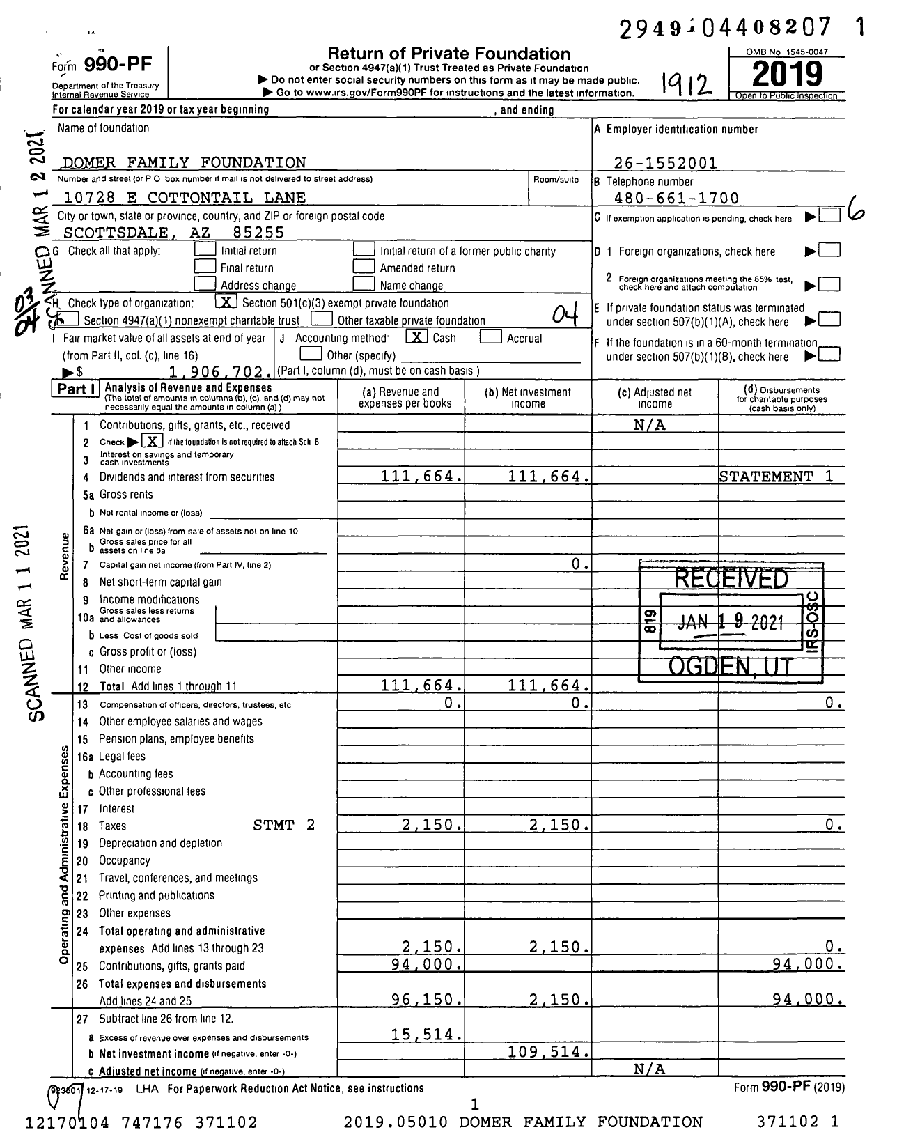 Image of first page of 2019 Form 990PF for Domer Family Foundation