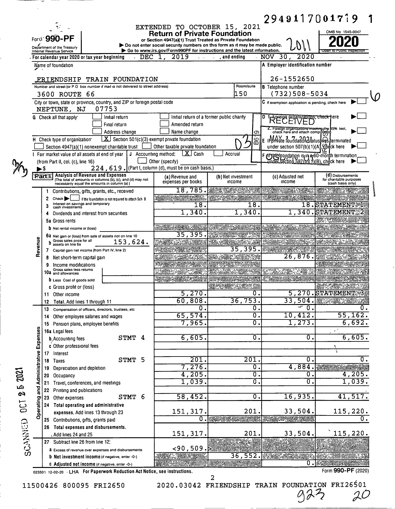 Image of first page of 2019 Form 990PF for Friendship Train Foundation