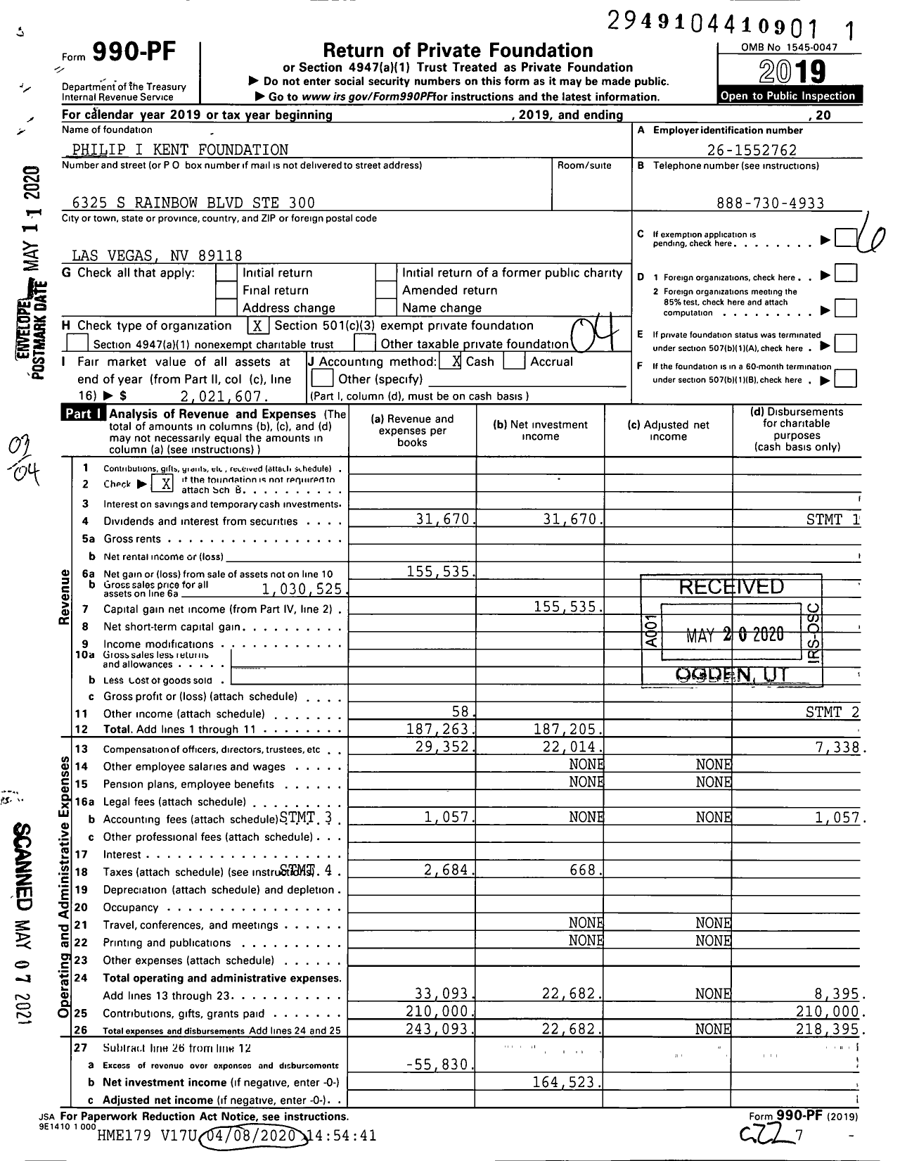 Image of first page of 2019 Form 990PF for Philip I Kent Foundation