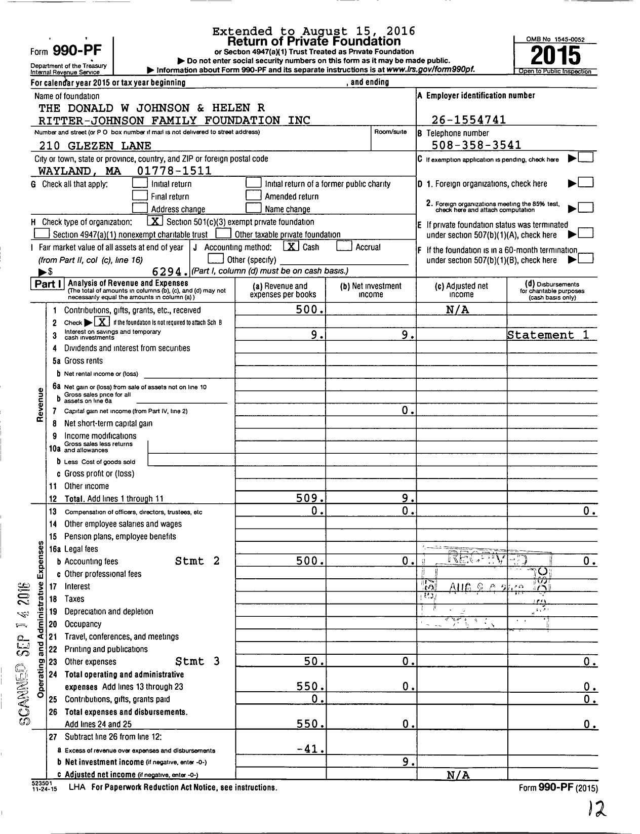 Image of first page of 2015 Form 990PF for The Donald W Johnson and Helen Rritter-Johnson Family Foundation