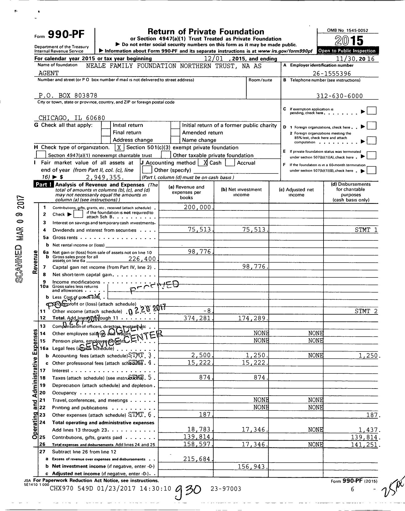 Image of first page of 2015 Form 990PF for Neale Family Foundation Northern Trust Na As