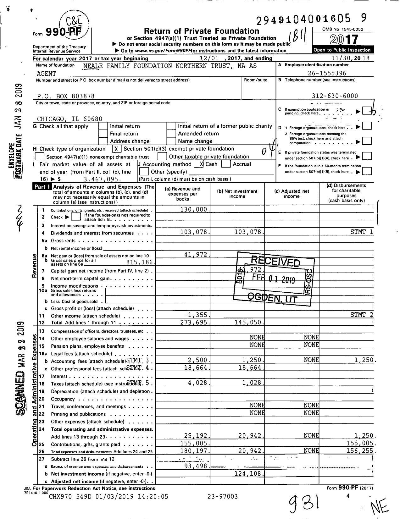 Image of first page of 2017 Form 990PF for Neale Family Foundation Northern Trust Na As