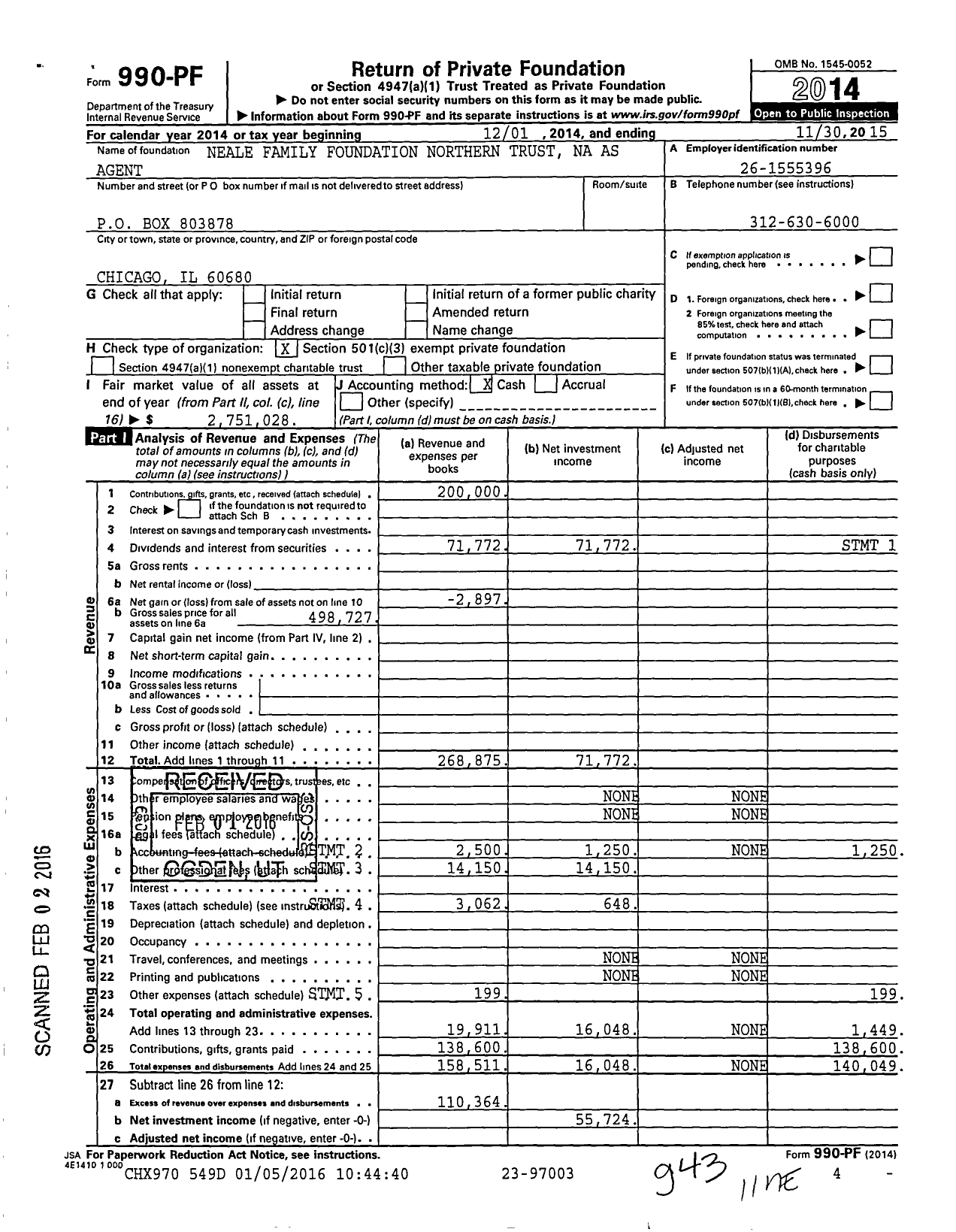 Image of first page of 2014 Form 990PF for Neale Family Foundation Northern Trust Na As