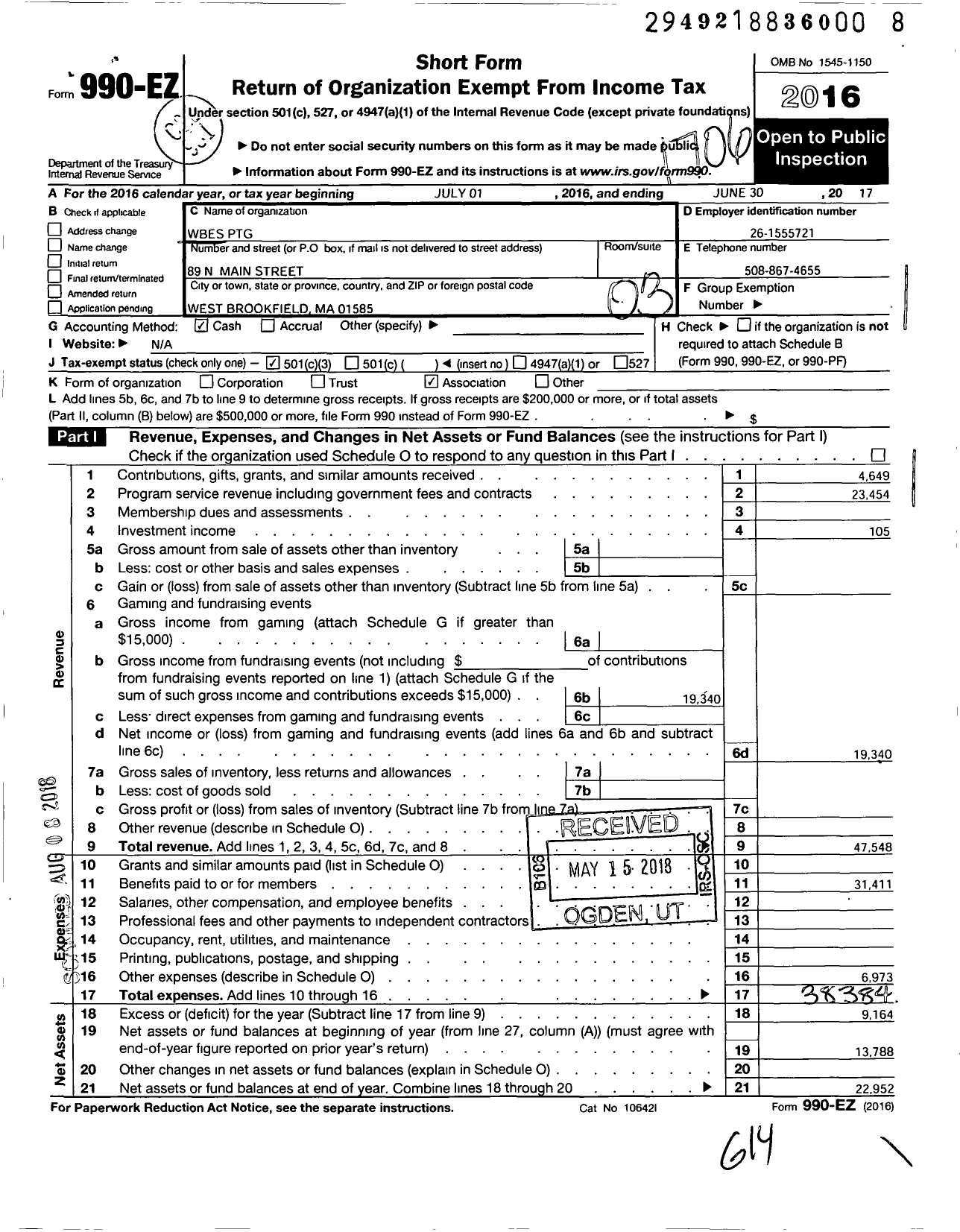 Image of first page of 2016 Form 990EZ for Wbes PTG