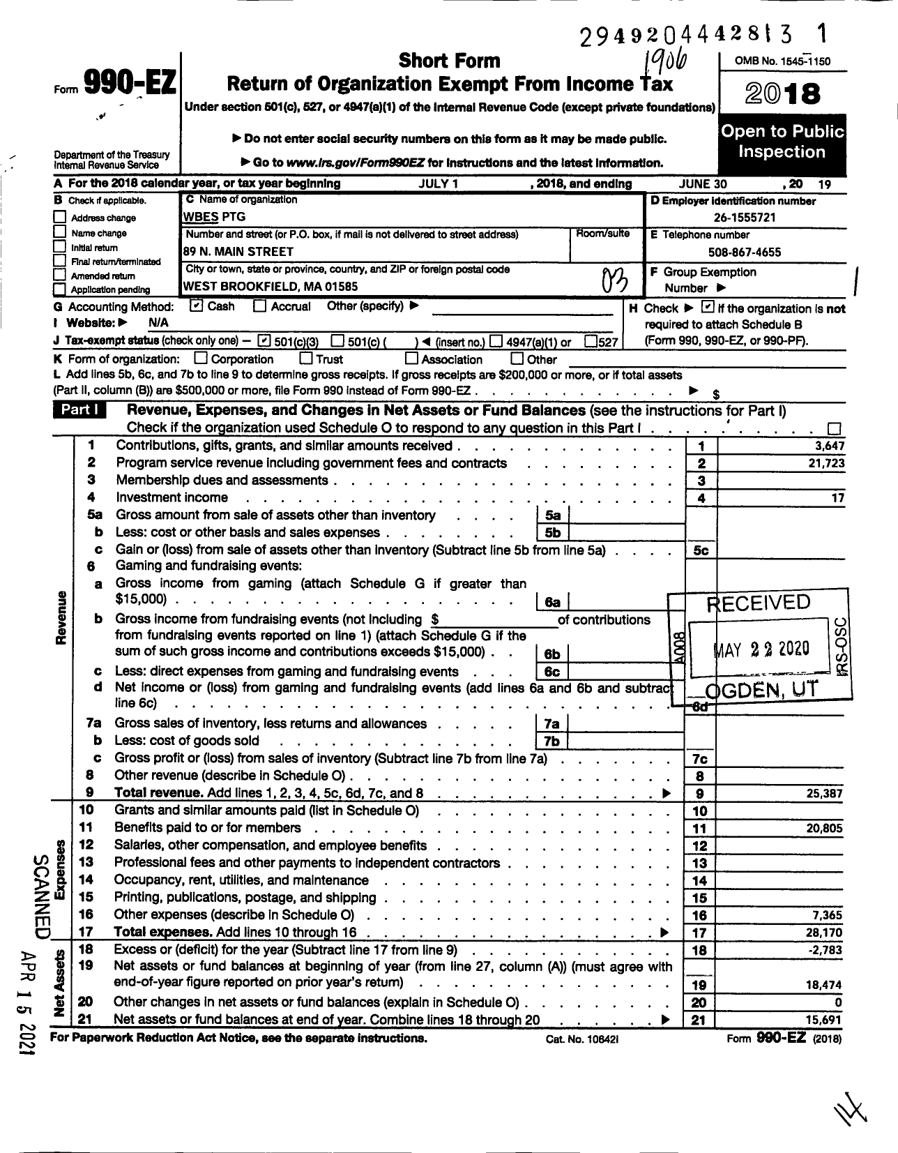Image of first page of 2018 Form 990EZ for Wbes PTG