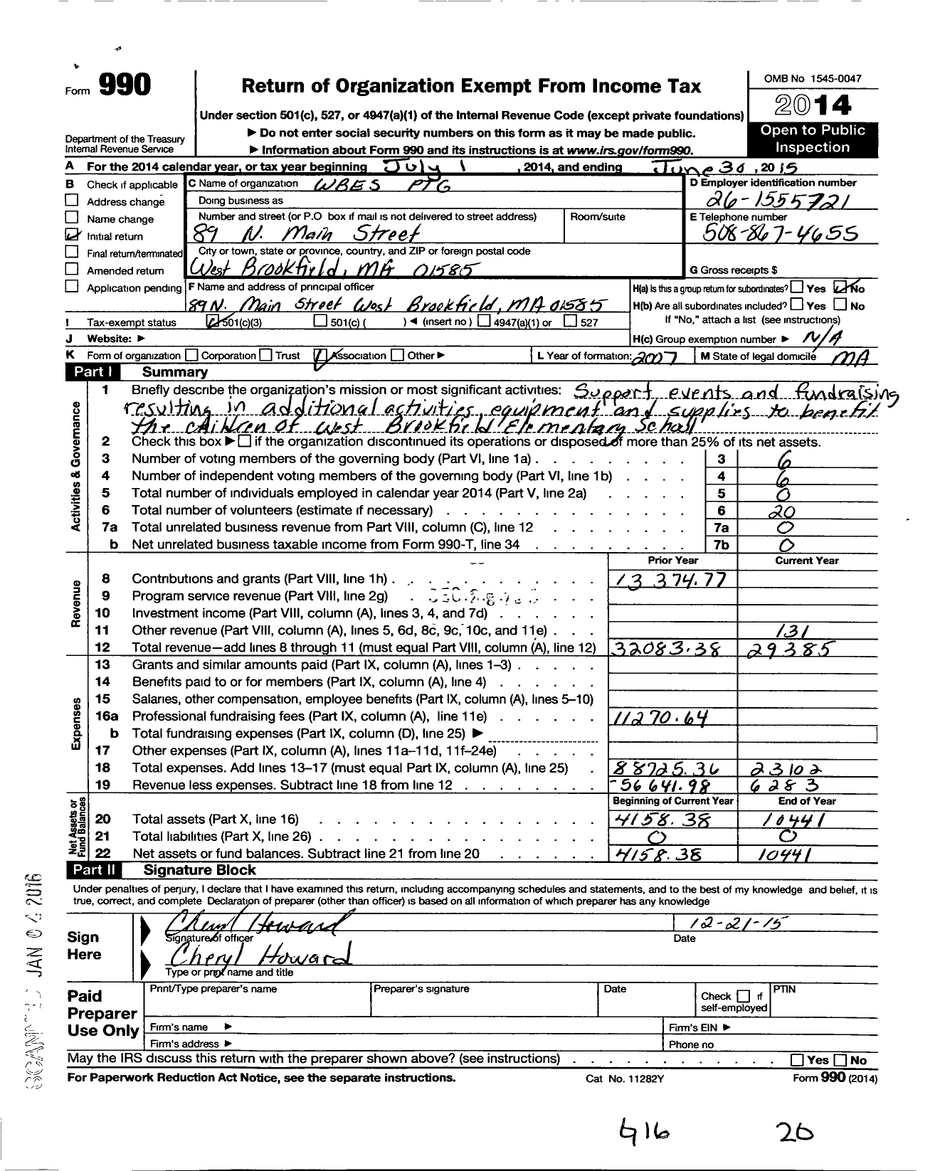 Image of first page of 2014 Form 990 for Wbes PTG