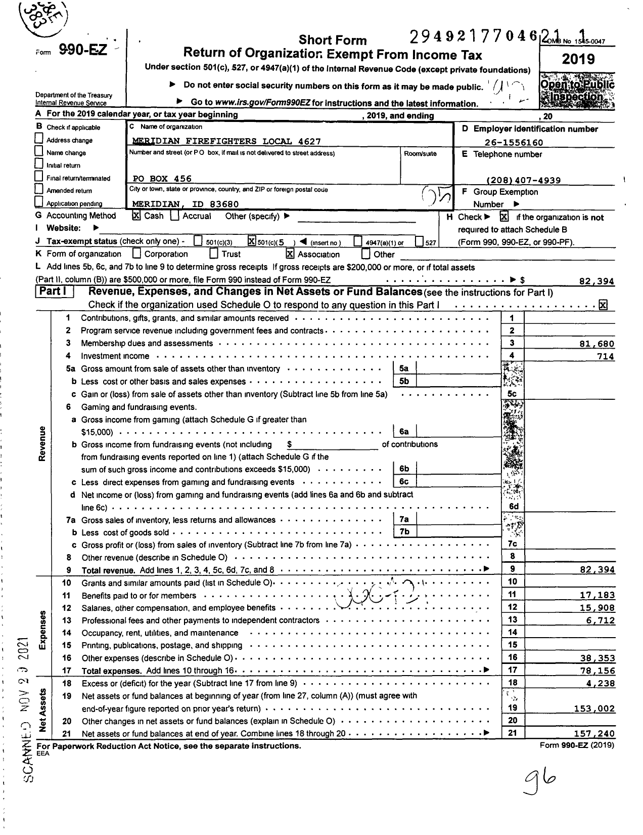 Image of first page of 2019 Form 990EO for International Association of Fire Fighters - L4627 Meridian Fire Fighters