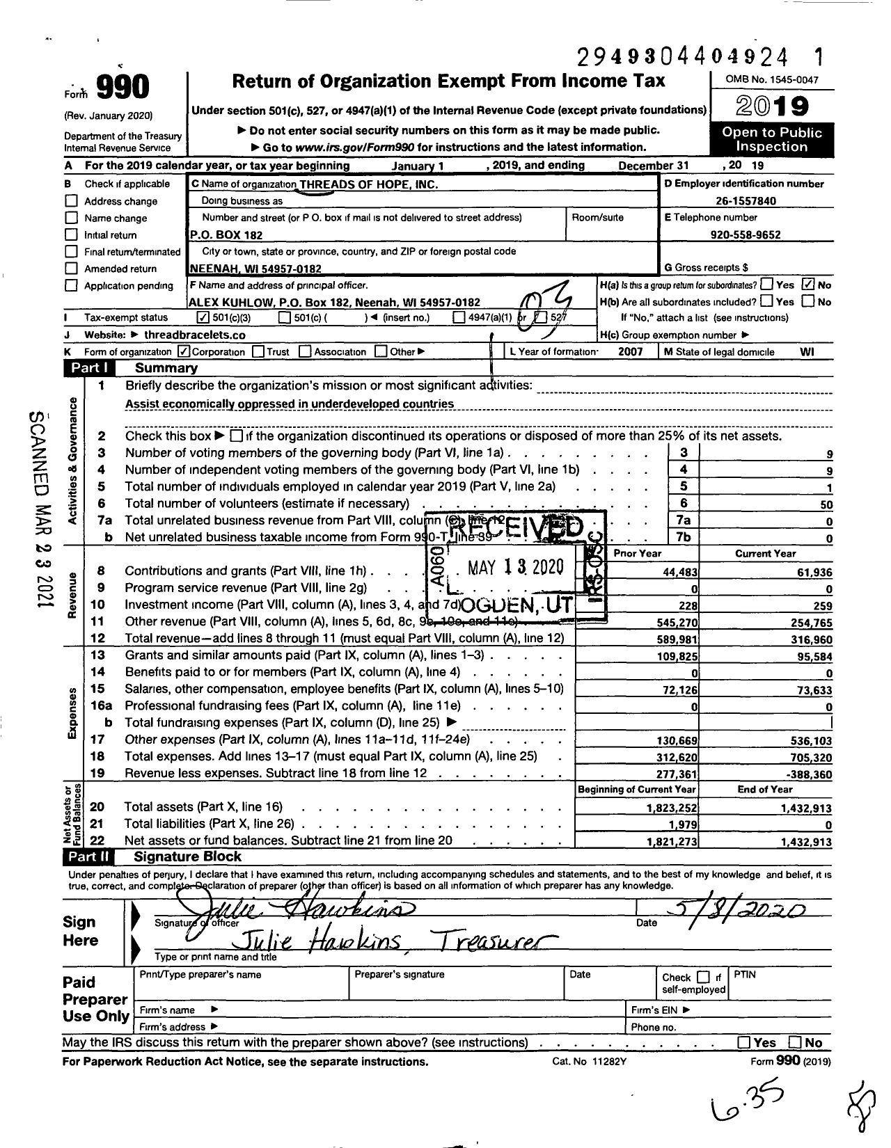 Image of first page of 2019 Form 990 for Threads of Hope