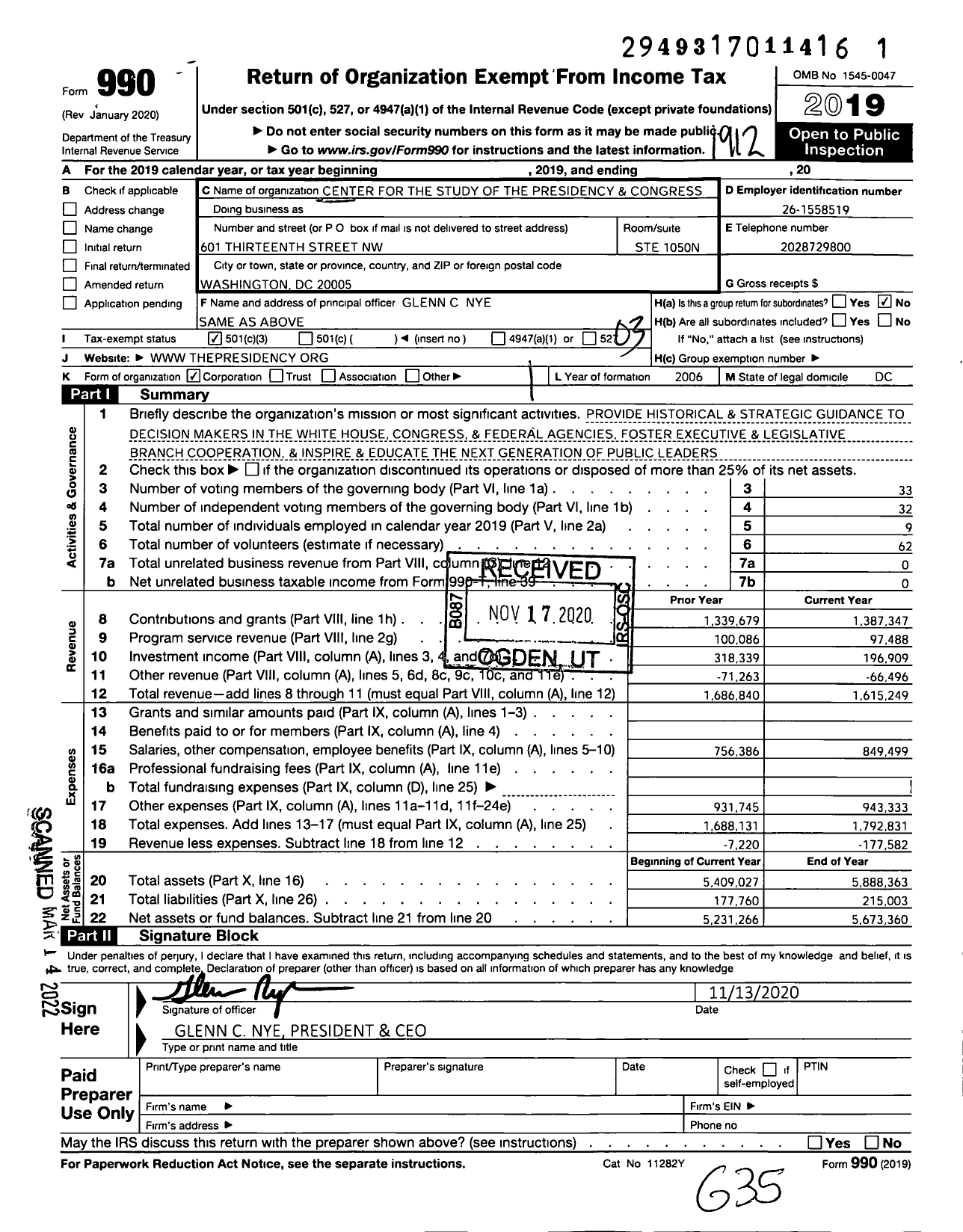 Image of first page of 2019 Form 990 for Center for the Study of the Presidency and Congress (CSPC)
