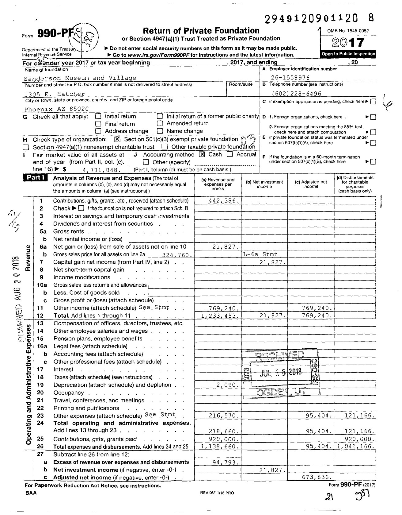 Image of first page of 2017 Form 990PF for Sanderson Museum and Village