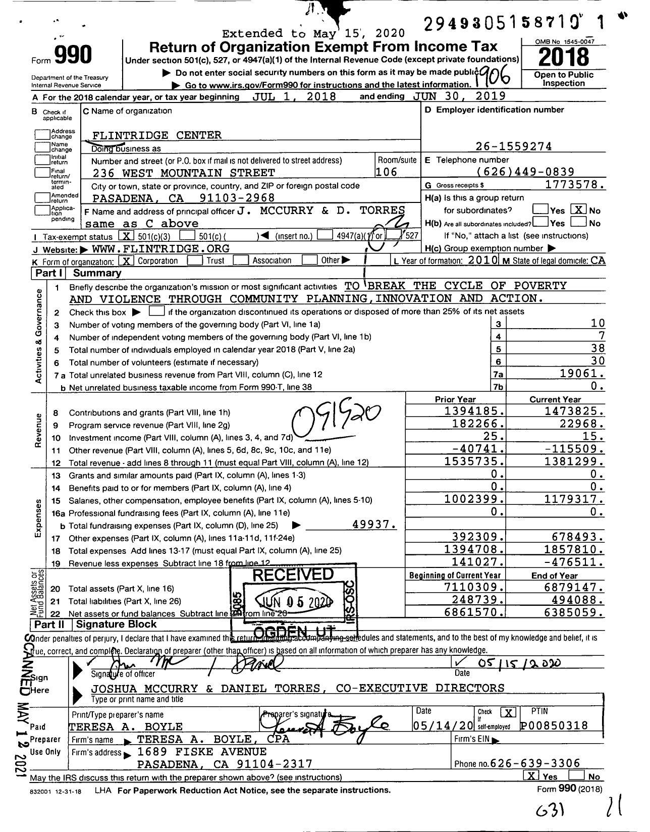 Image of first page of 2018 Form 990 for Flintridge Center